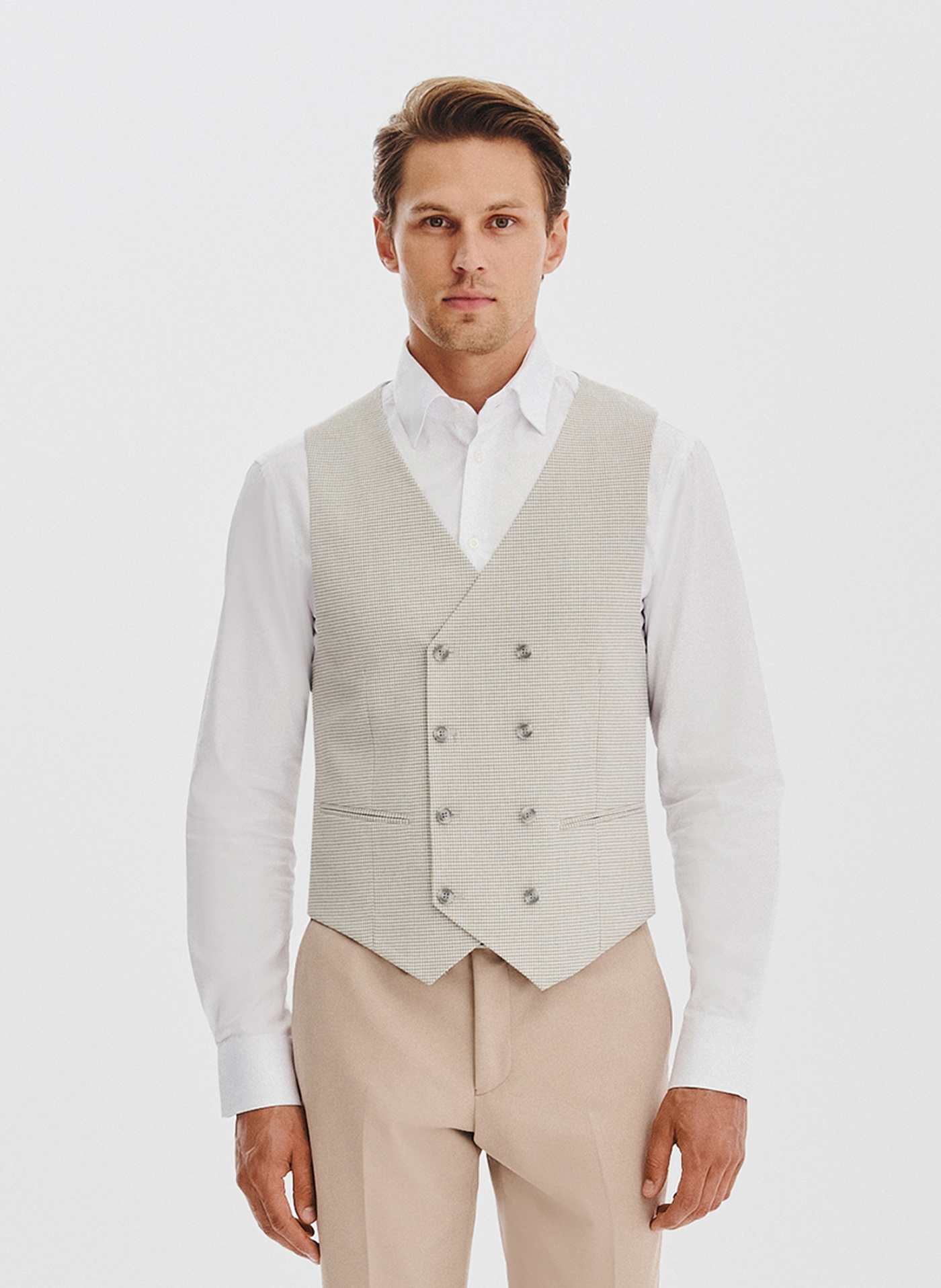 PAKO LORENTE - Beżowa dwurzędowa kamizelka w drobną kratę - Pako Lorente