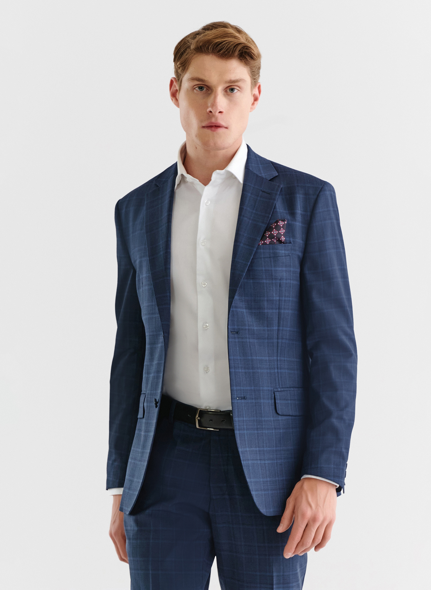 Granatowa marynarka garniturowa w delikatną niebieską kratkę - Pako Lorente