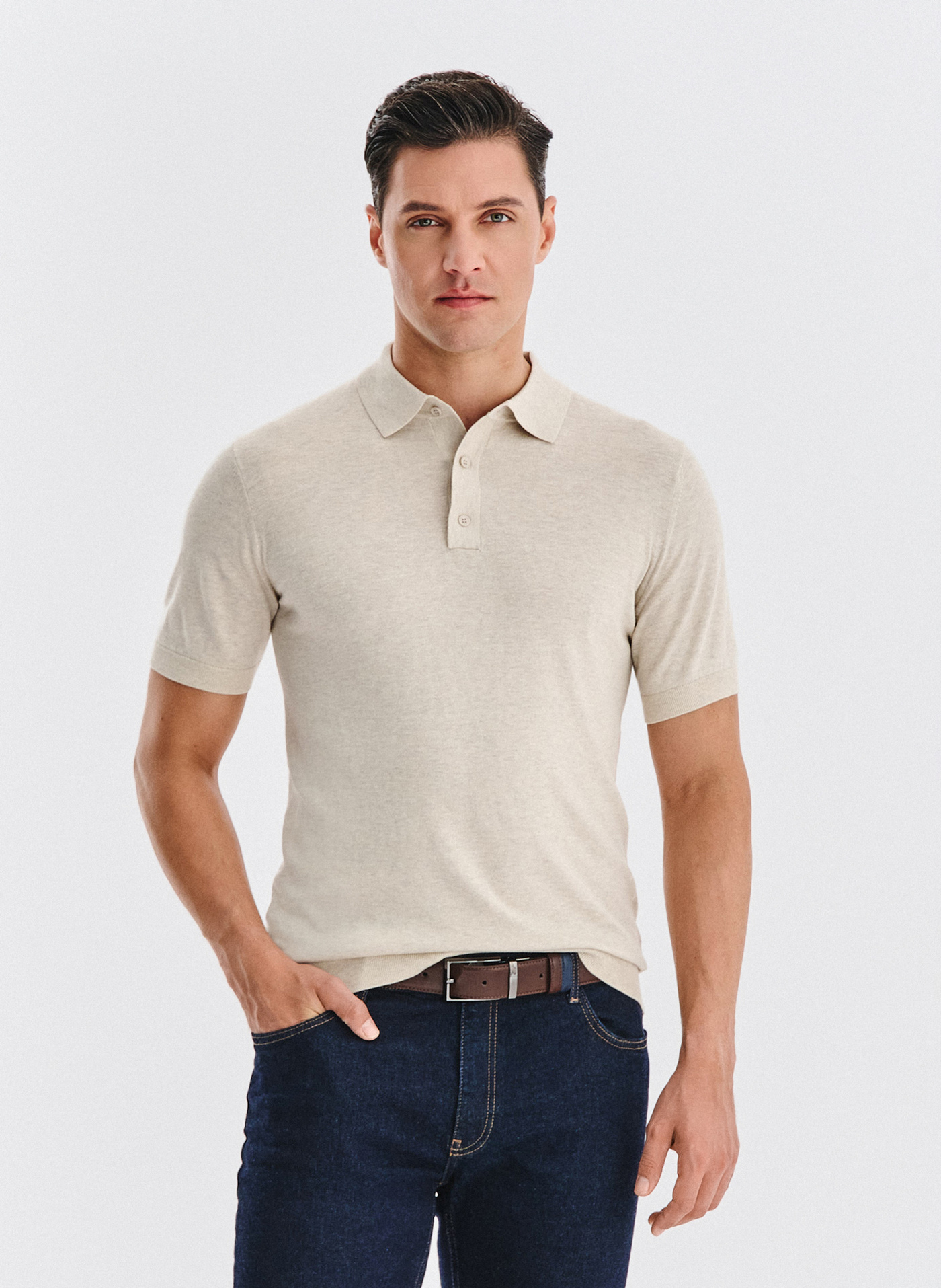 PAKO LORENTE - Beżowy swetrowy t-shirt polo - Pako Lorente