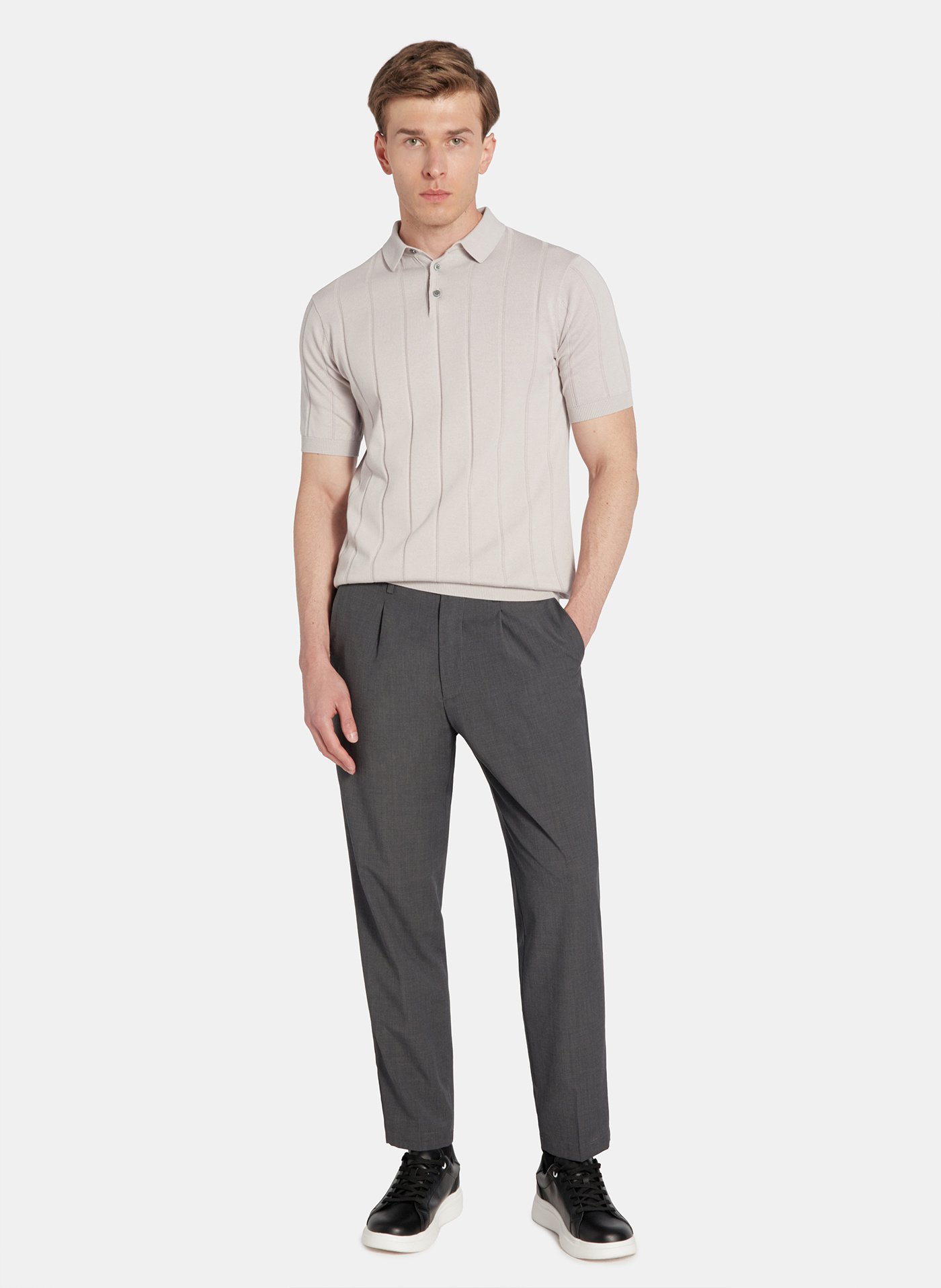 PAKO LORENTE - Beżowe polo swetrowe w prążek - Pako Lorente