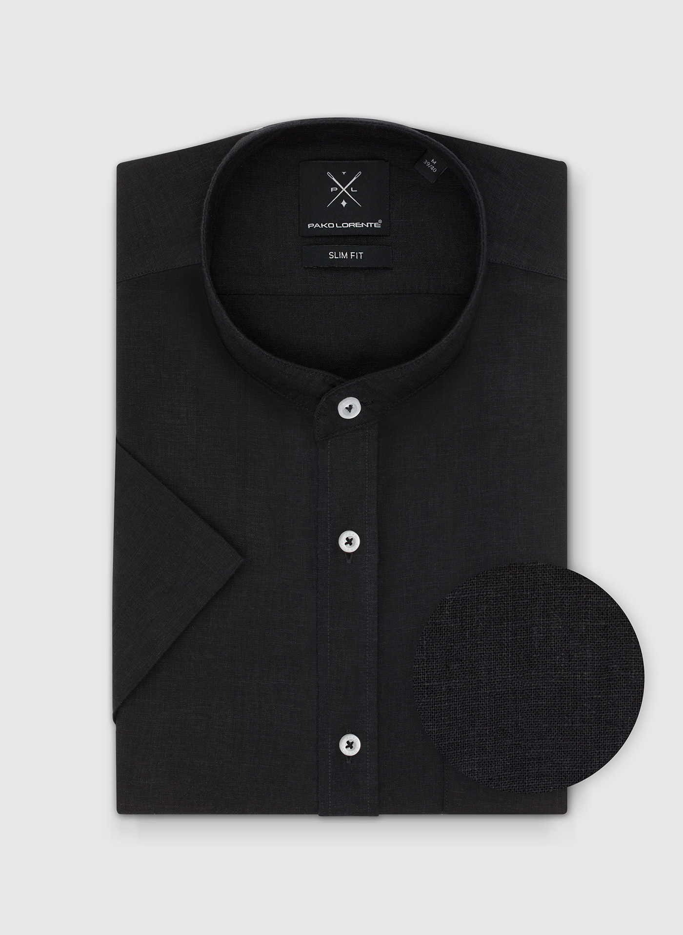 Lniana czarna koszula męska ze stójką - Pako Lorente