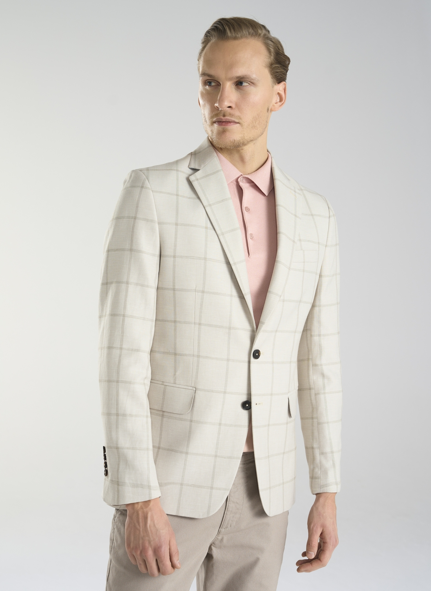 Beżowa marynarka męska w kratę Windowpane - Pako Lorente
