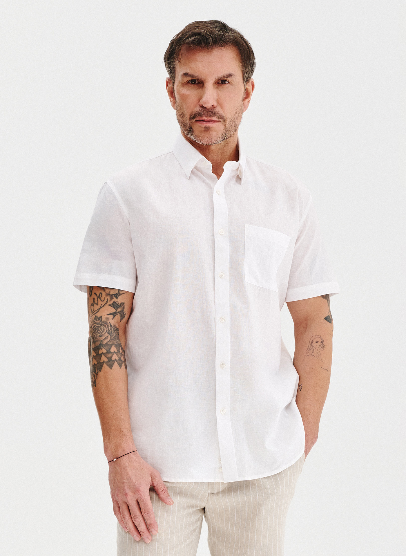 PAKO LORENTE - Lniana biała koszula z krótkim rękawem - Pako Lorente