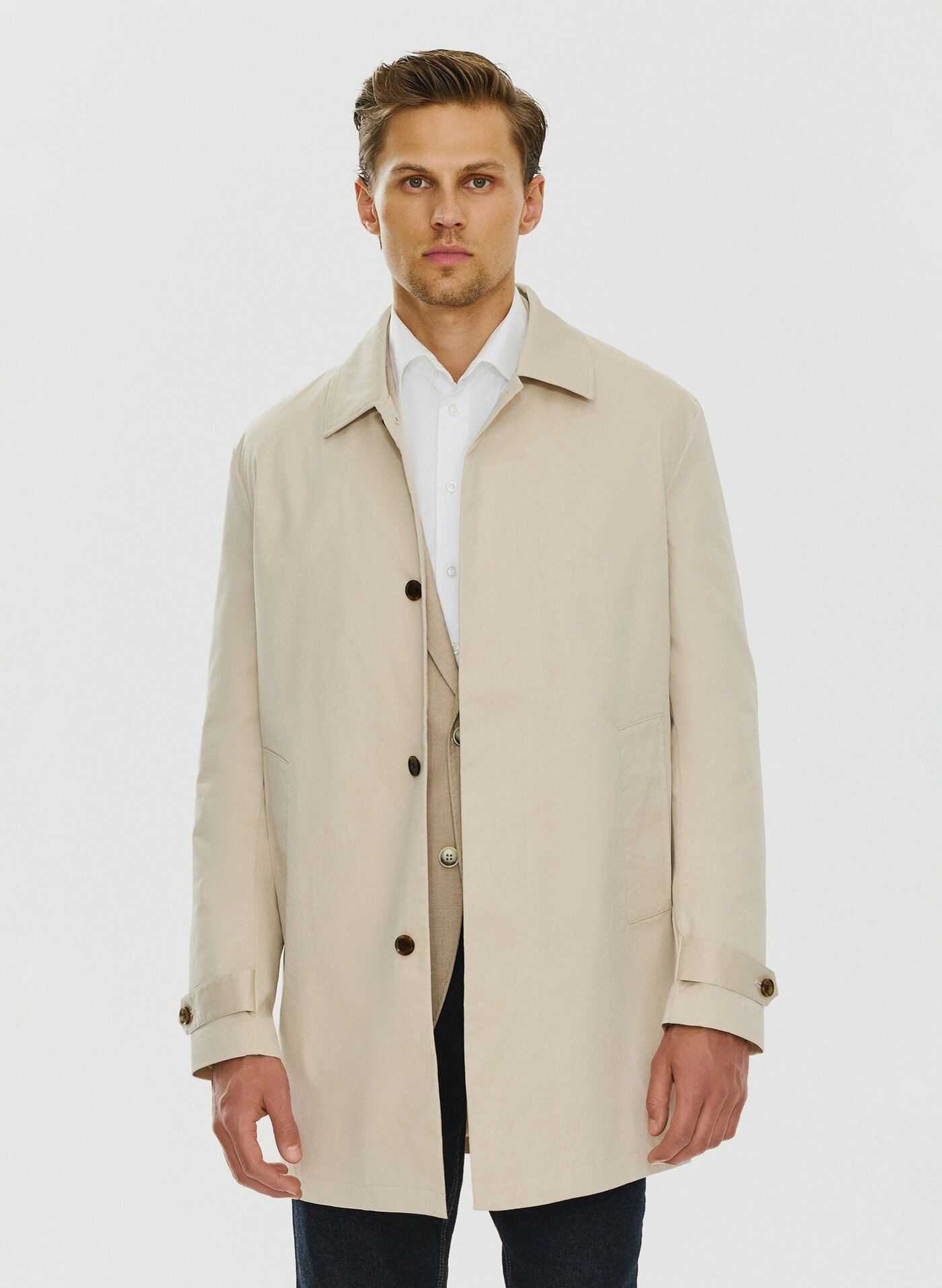 Beżowy wiosenny płaszcz męski P24SF-7X-001-E-0 - Pako Lorente - Pako Lorente