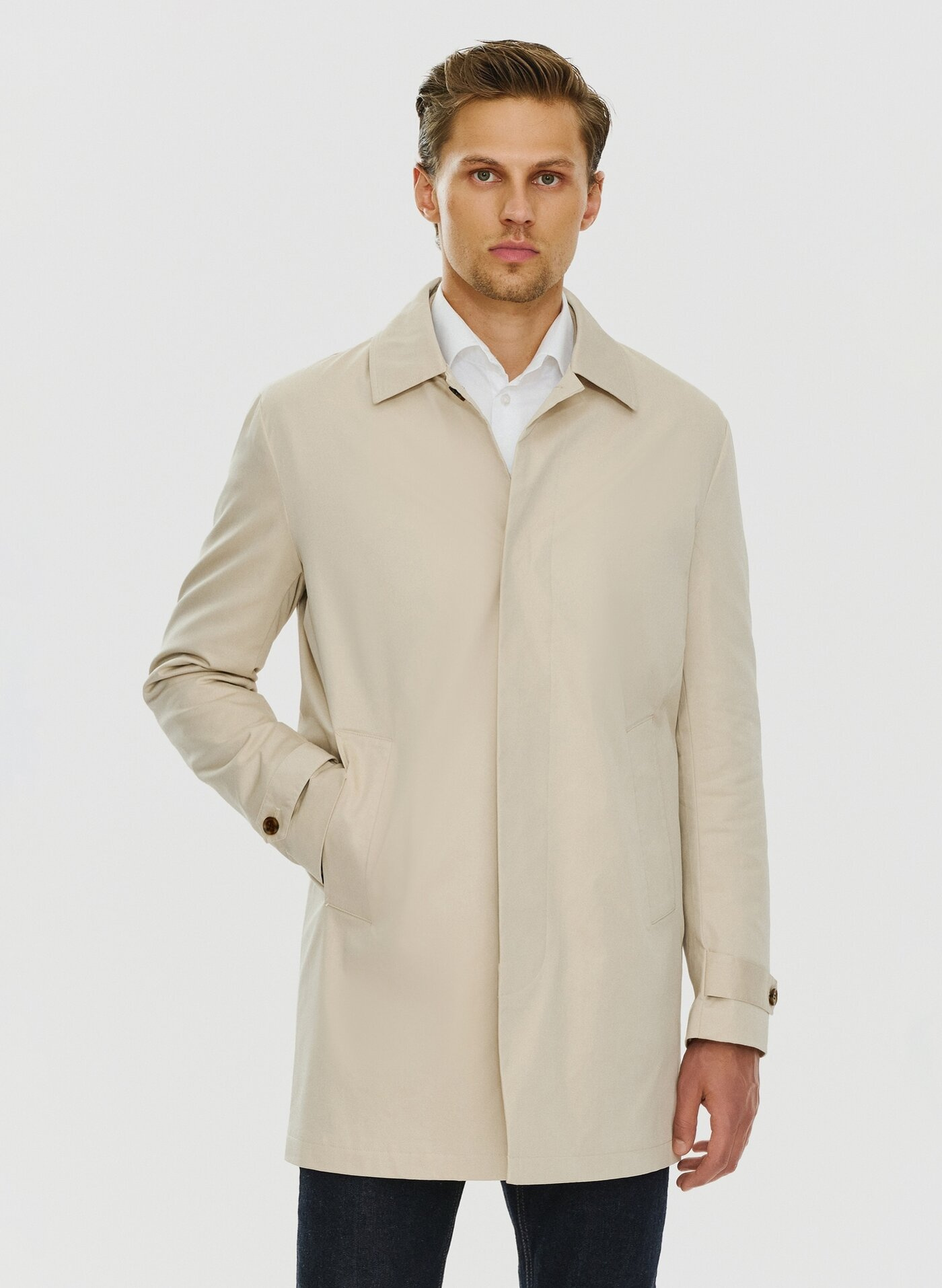Beżowy wiosenny płaszcz męski P24SF-7X-001-E-0 - Pako Lorente - Pako Lorente