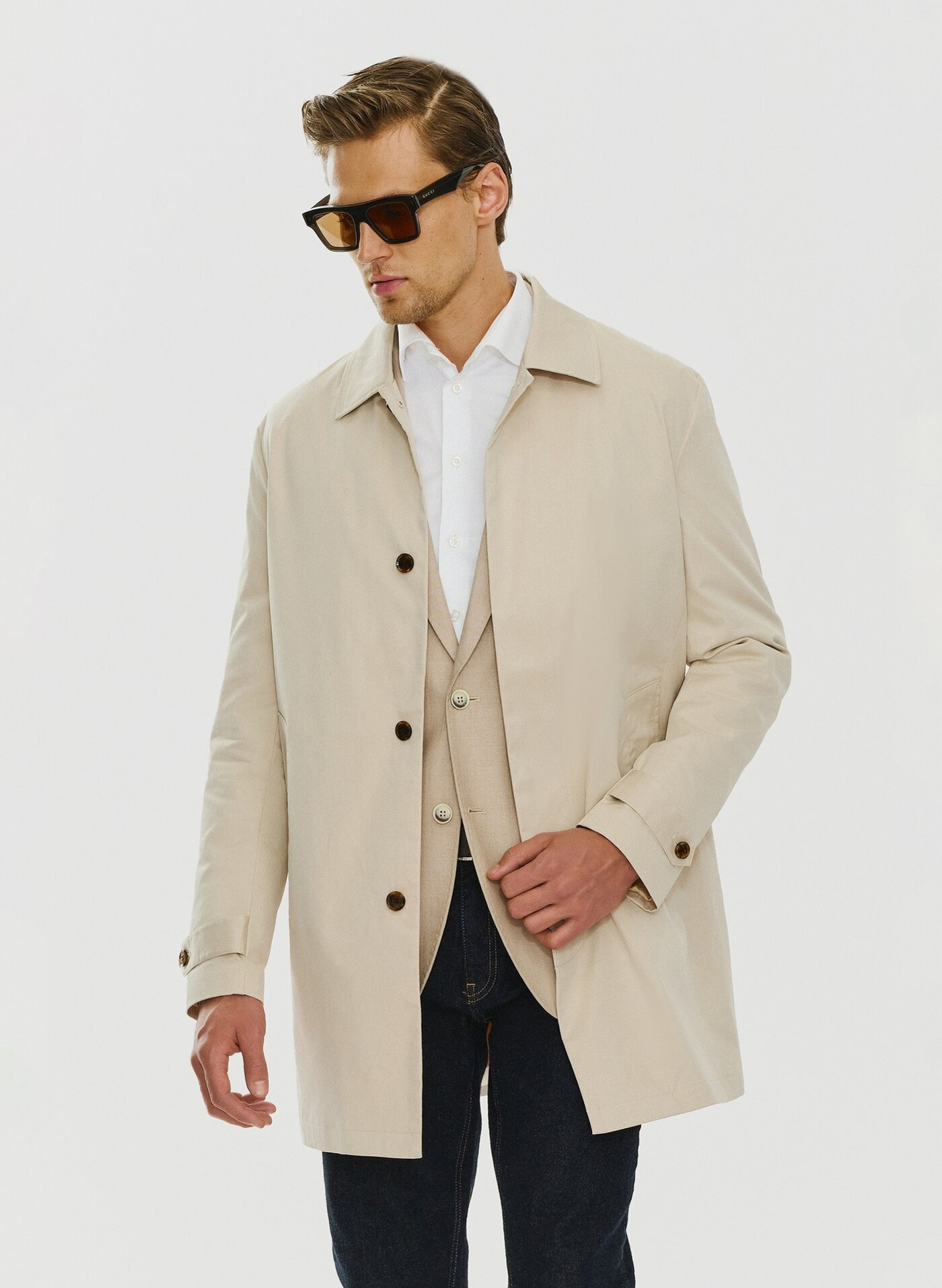 Beżowy wiosenny płaszcz męski P24SF-7X-001-E-0 - Pako Lorente - Pako Lorente