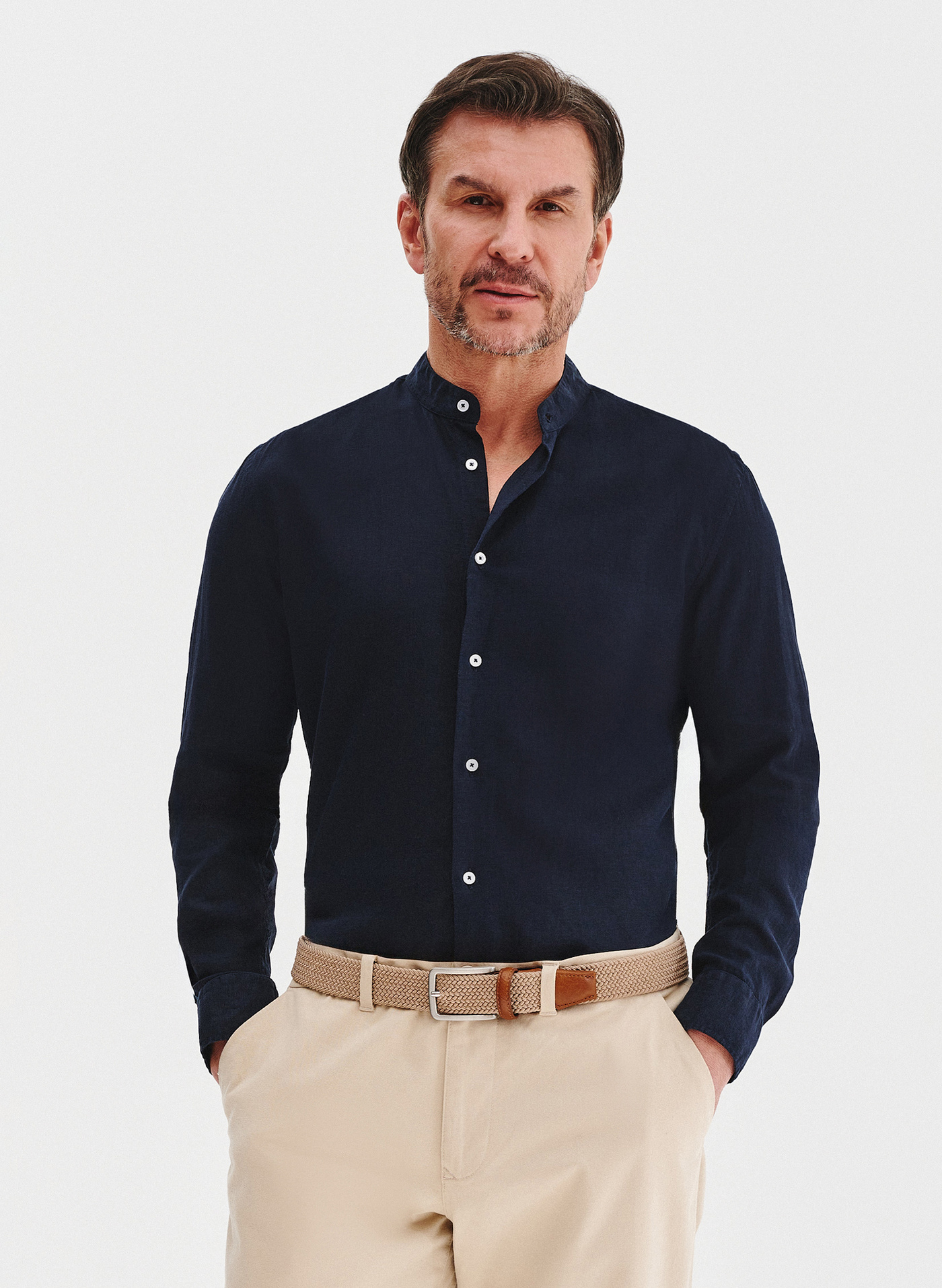 Lniana granatowa koszula męska ze stójką - Pako Lorente
