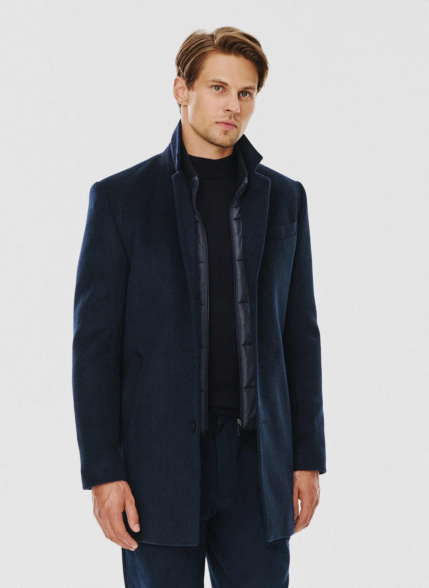 Granatowy płaszcz męski z odpinaną stójką - Pako Lorente