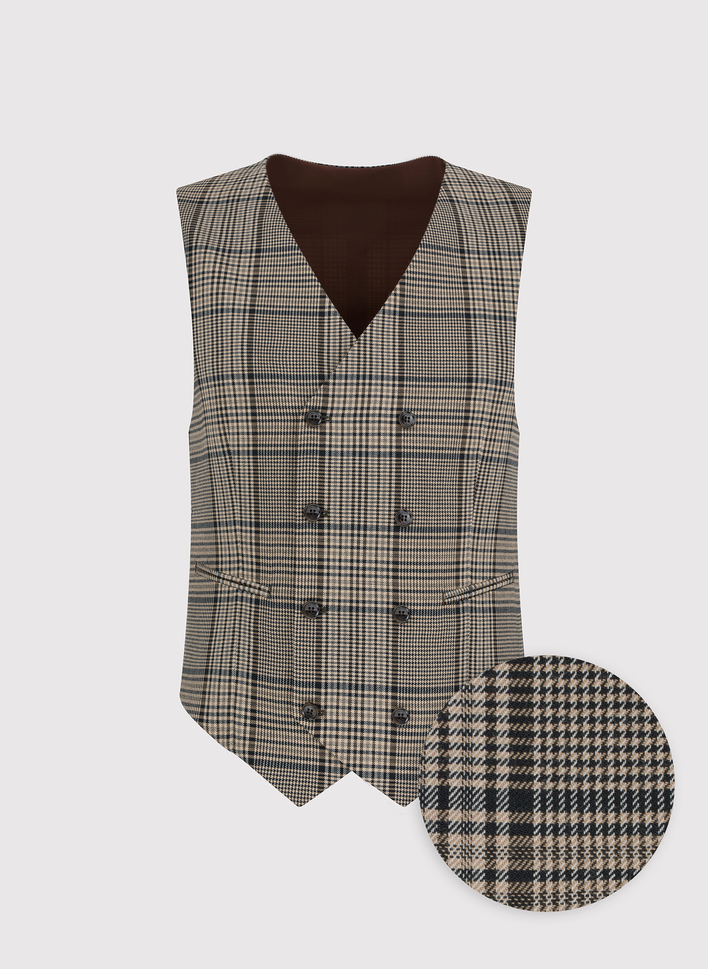 Brązowa dwurzędowa kamizelka męska w kratę - Pako Lorente