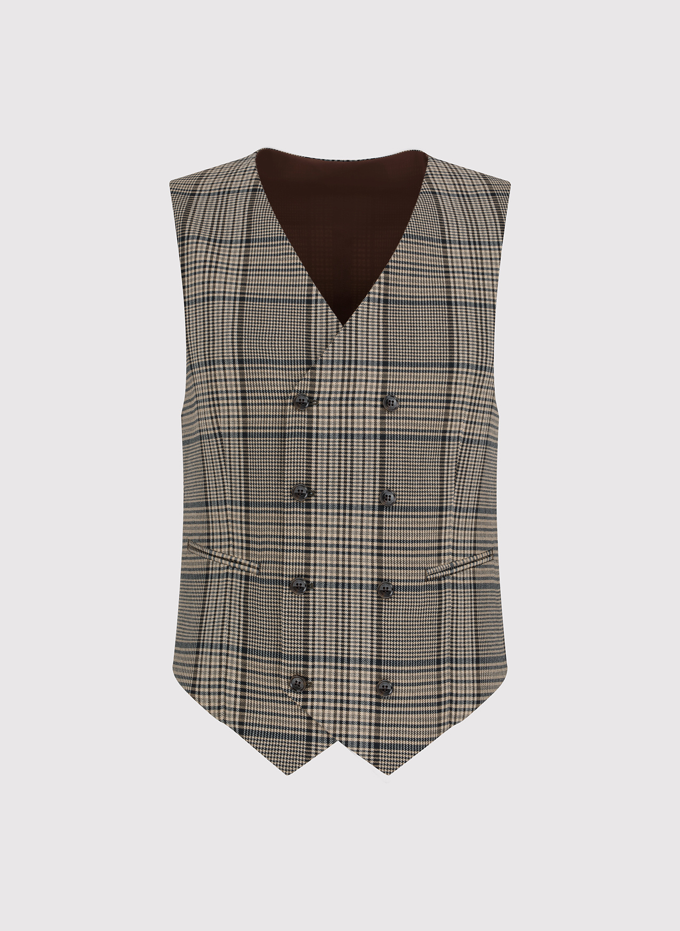 Brązowa dwurzędowa kamizelka męska w kratę - Pako Lorente