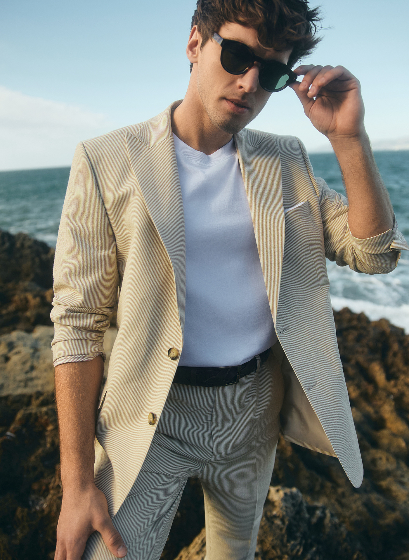 PAKO LORENTE - Beżowa marynarka garniturowa w prążek - Pako Lorente