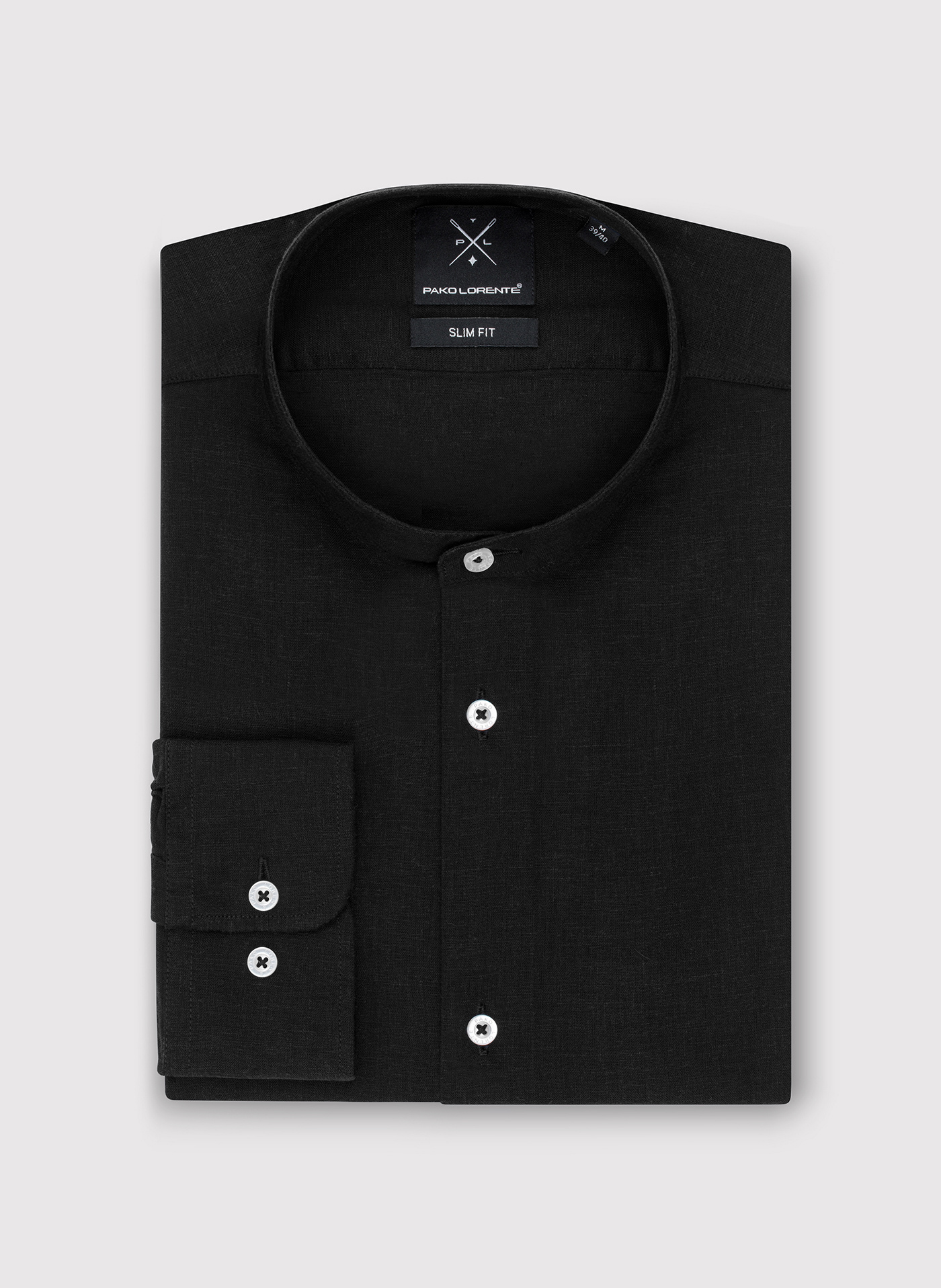 PAKO LORENTE - Lniana czarna koszula męska ze stójką - Pako Lorente