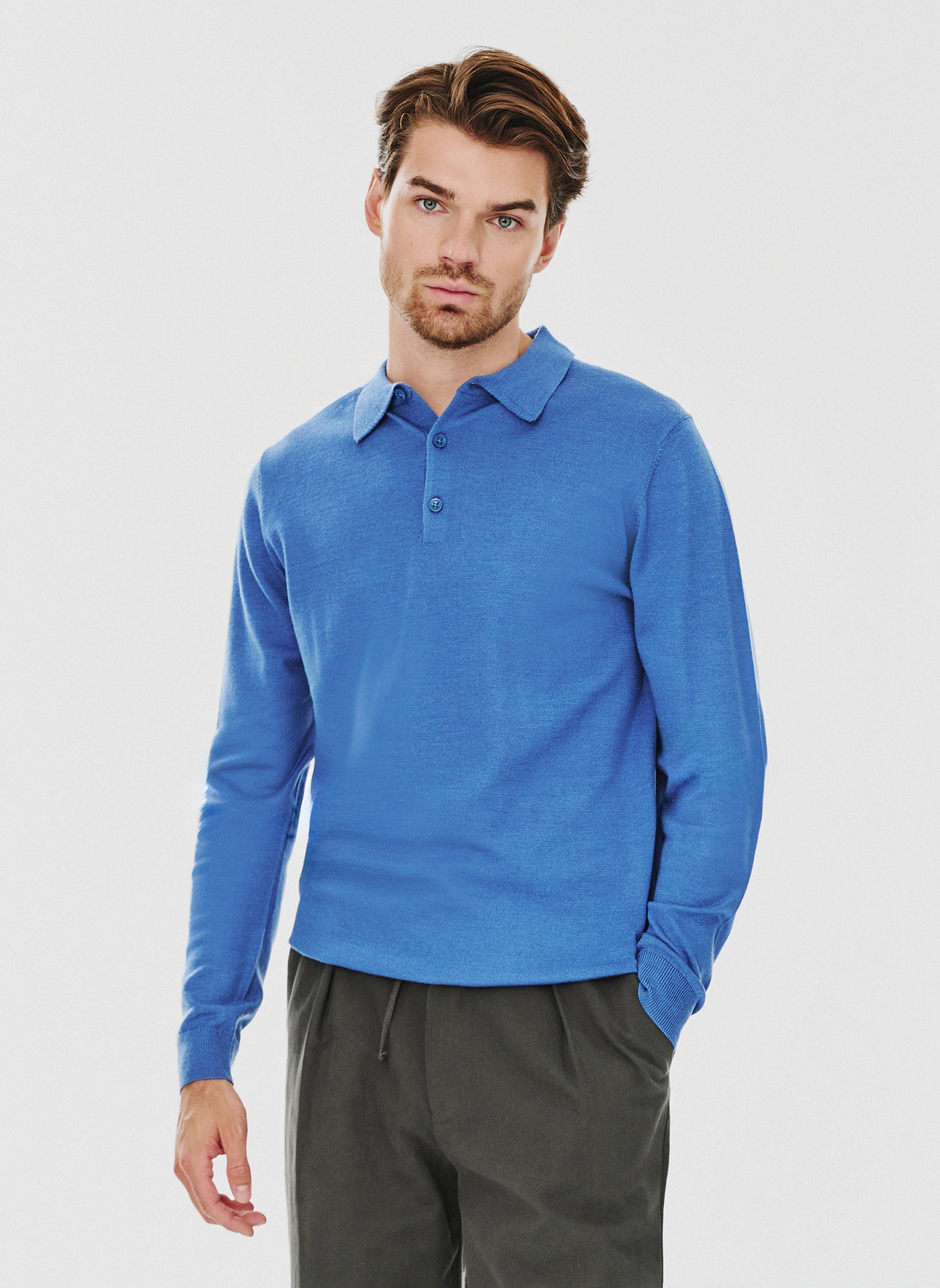 Męski niebieski sweter z kołnierzykiem polo - Pako Lorente