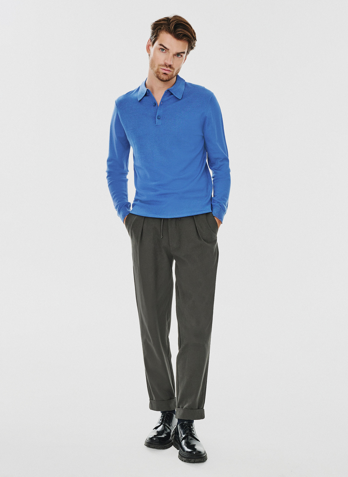 Męski niebieski sweter z kołnierzykiem polo - Pako Lorente