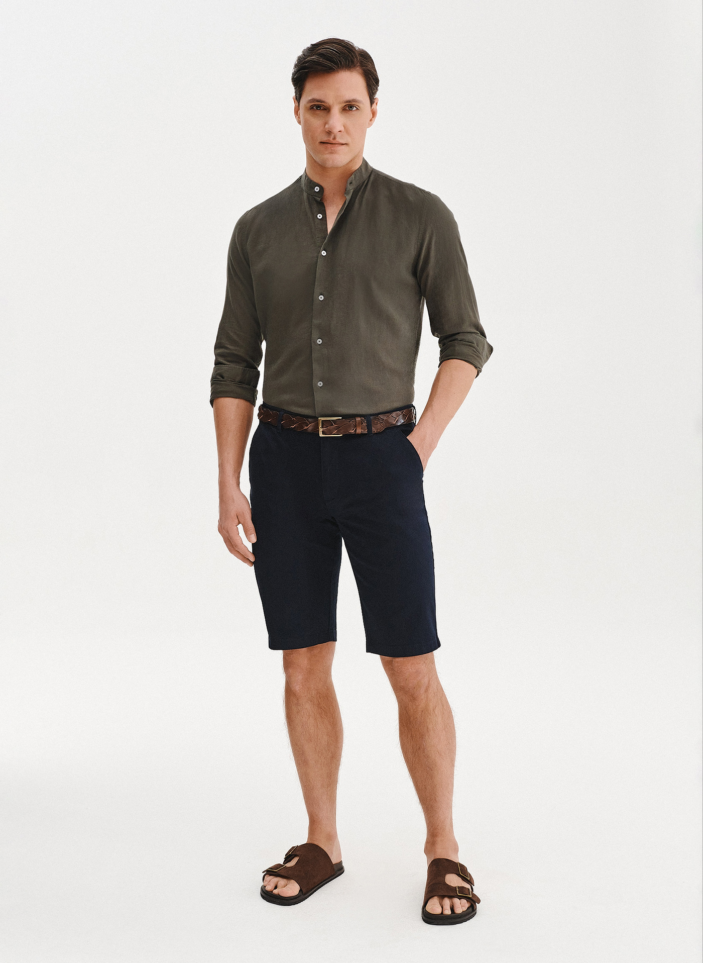 Lniana zielona koszula męska ze stójką - Pako Lorente