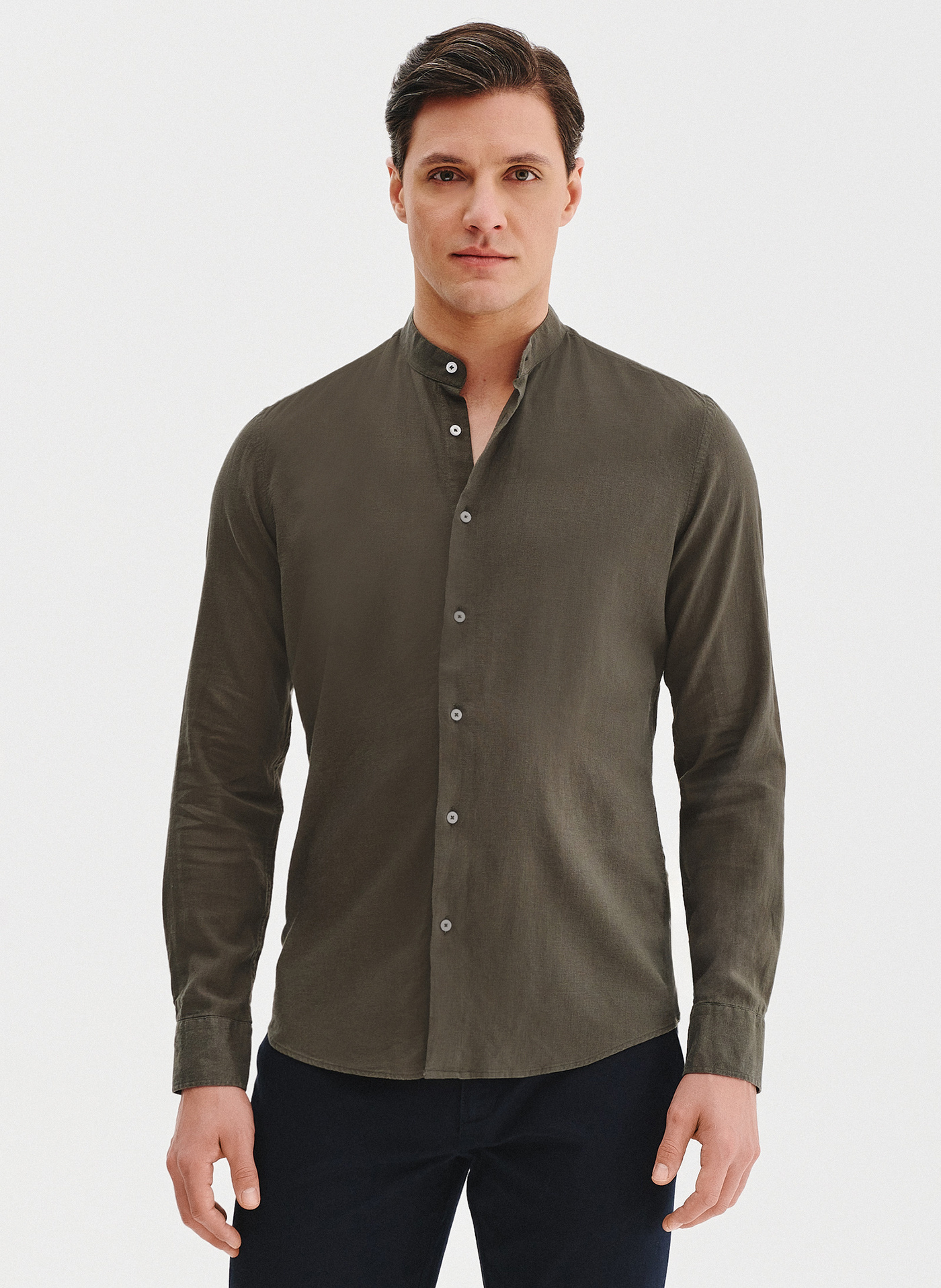 Lniana zielona koszula męska ze stójką - Pako Lorente
