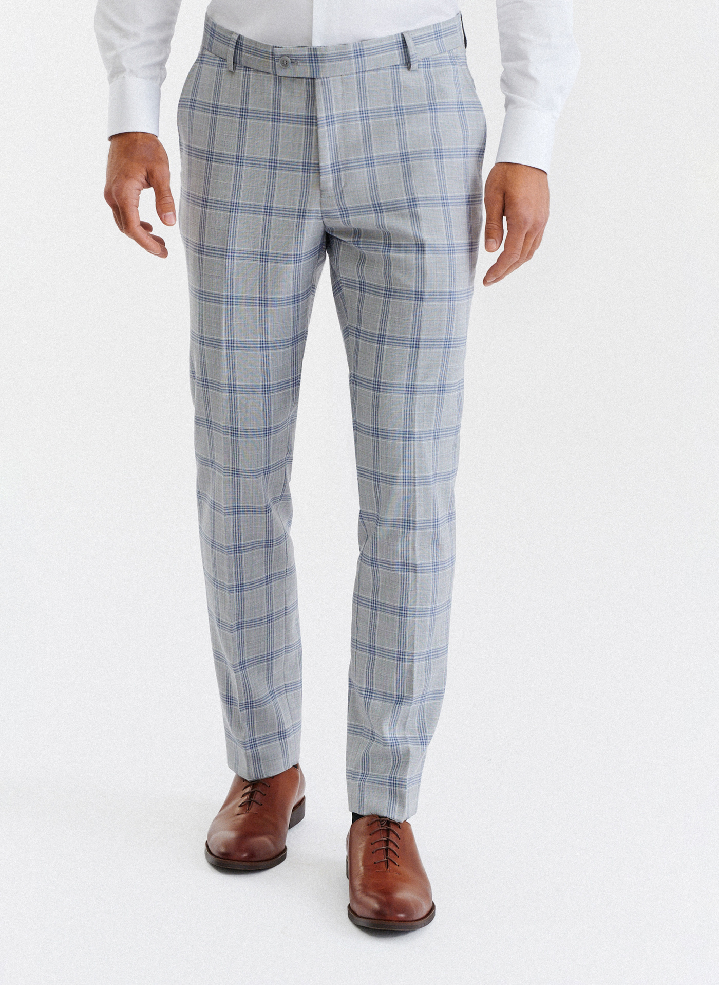Szare spodnie garniturowe w niebiesko-białą kratę - Pako Lorente