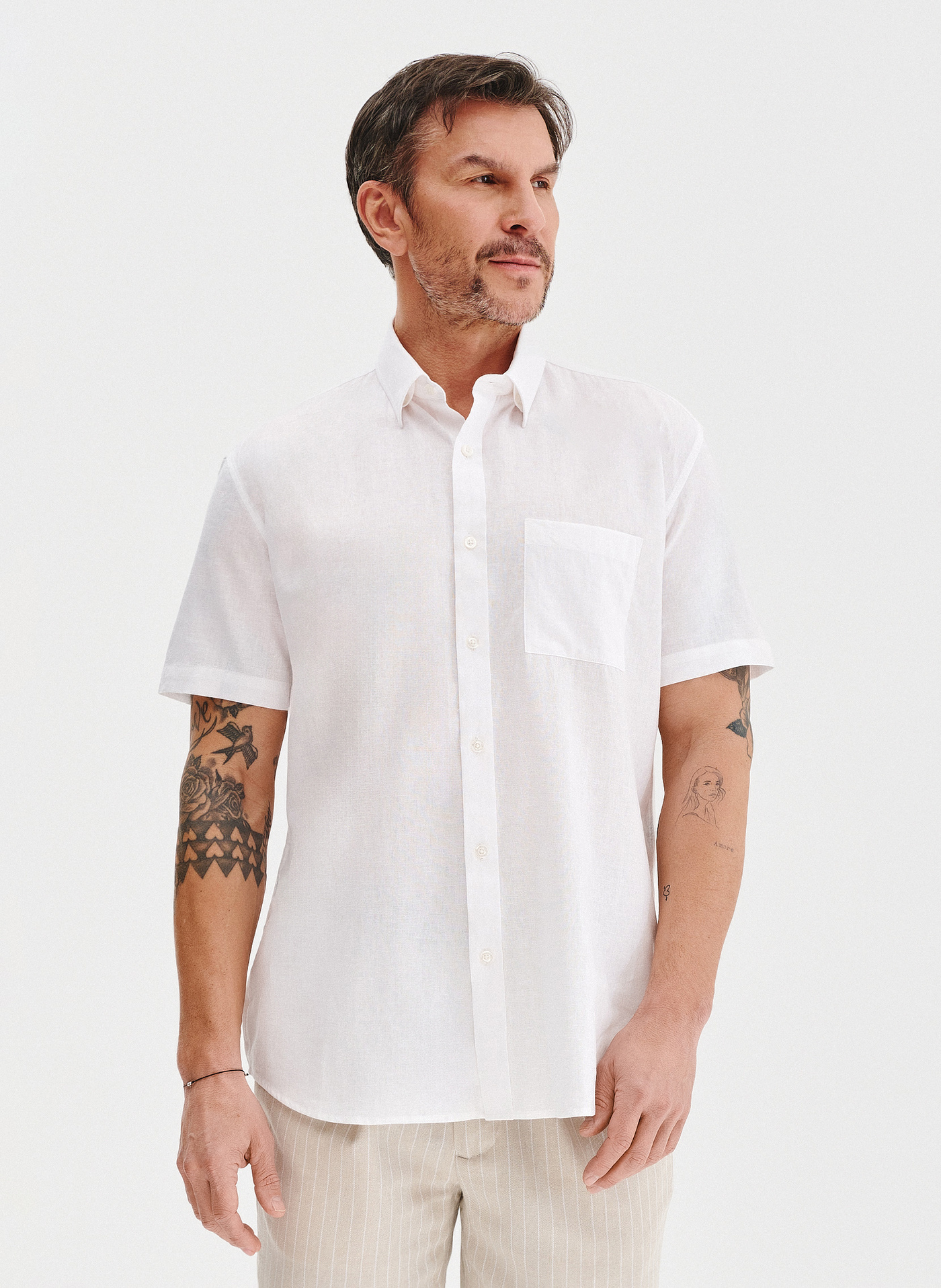 PAKO LORENTE - Lniana biała koszula z krótkim rękawem - Pako Lorente