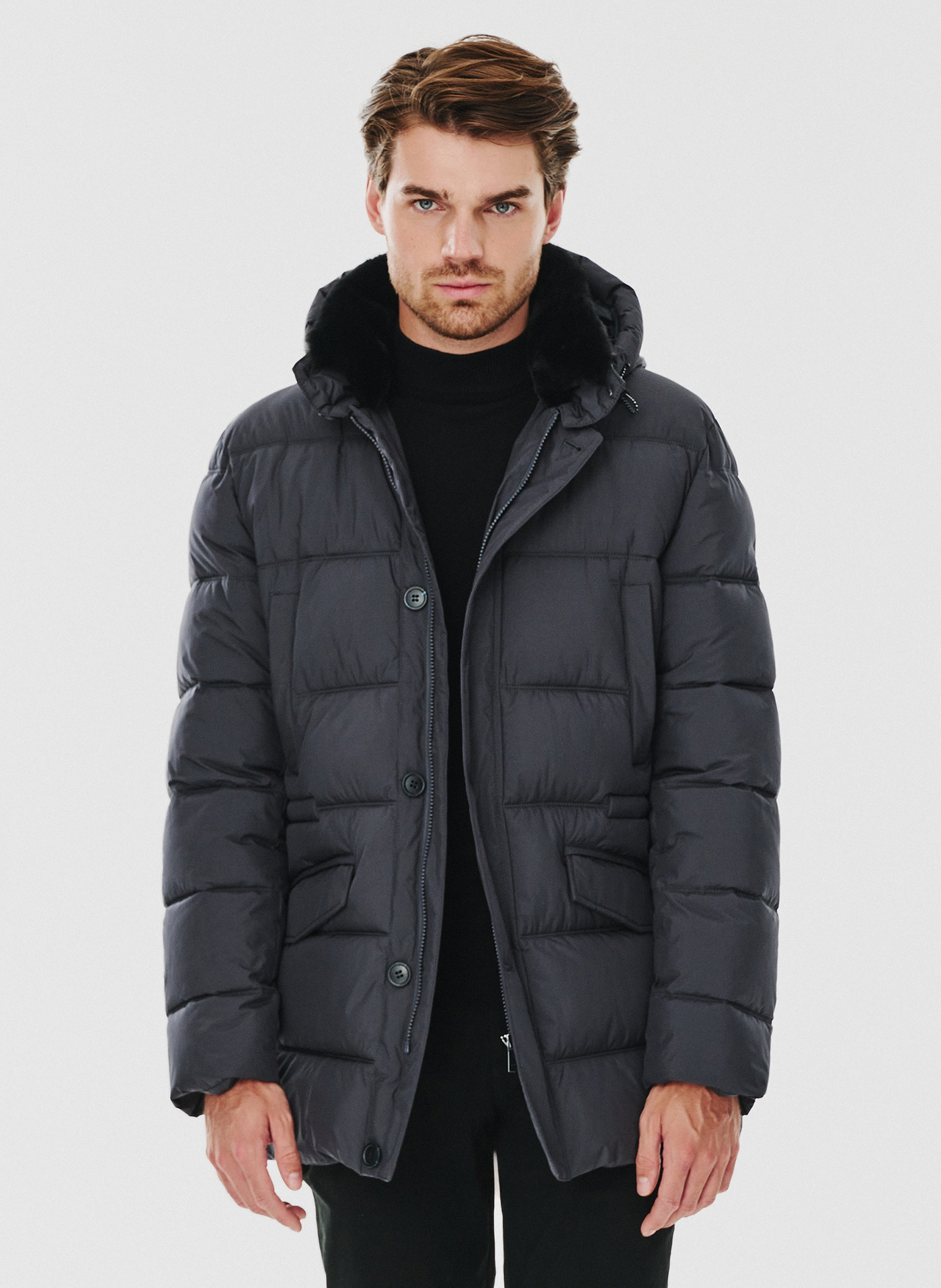 Granatowa pikowana kurtka z futrzanym kołnierzem - Pako Lorente