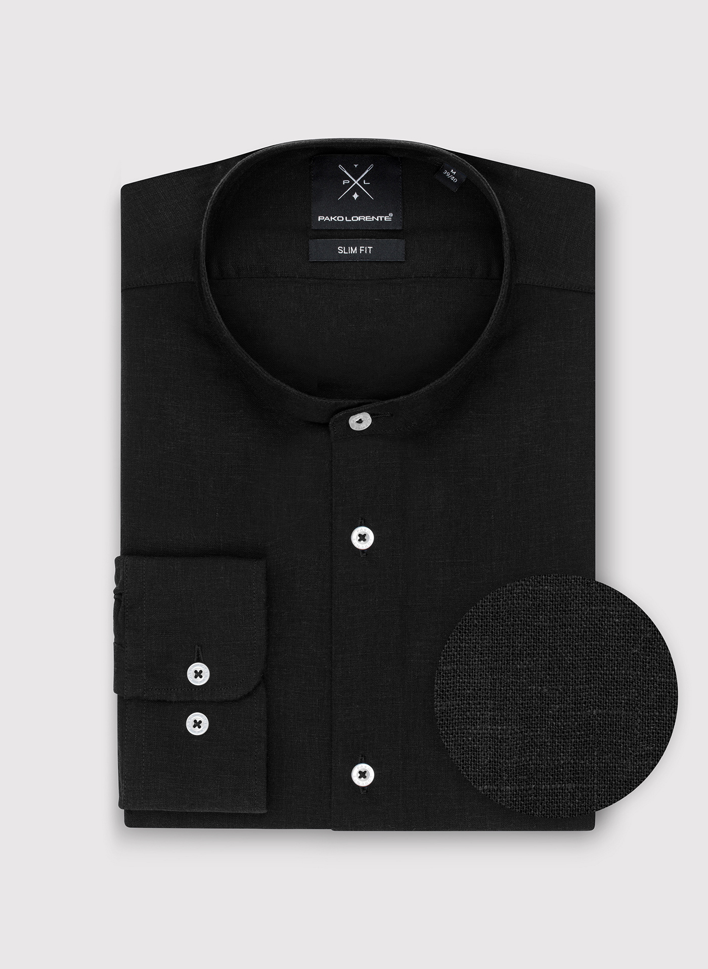 PAKO LORENTE - Lniana czarna koszula męska ze stójką - Pako Lorente