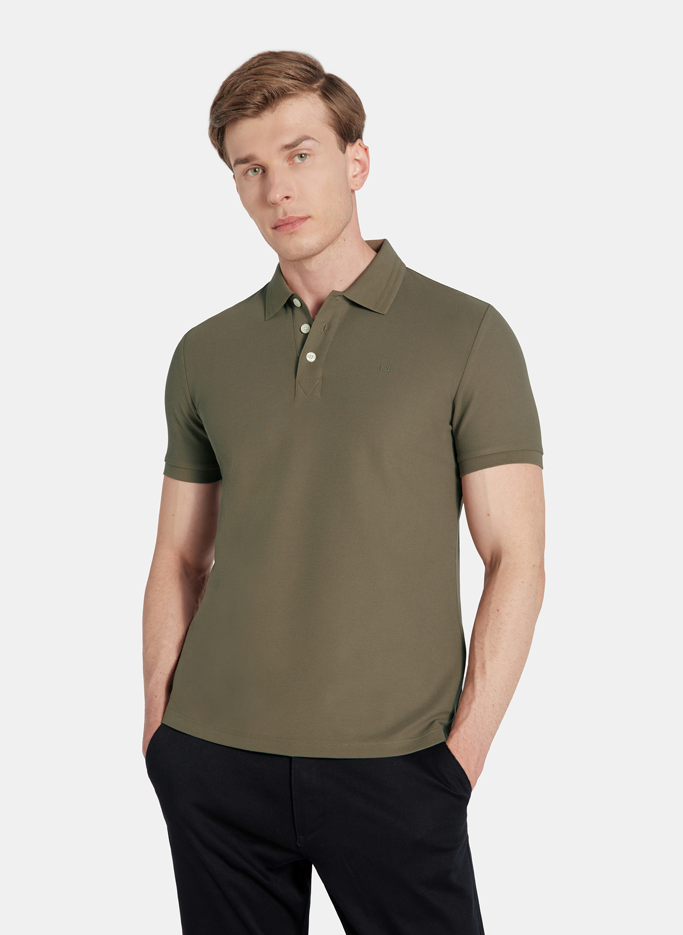 PAKO LORENTE - Oliwkowy t-shirt polo na trzy guziczki - Pako Lorente