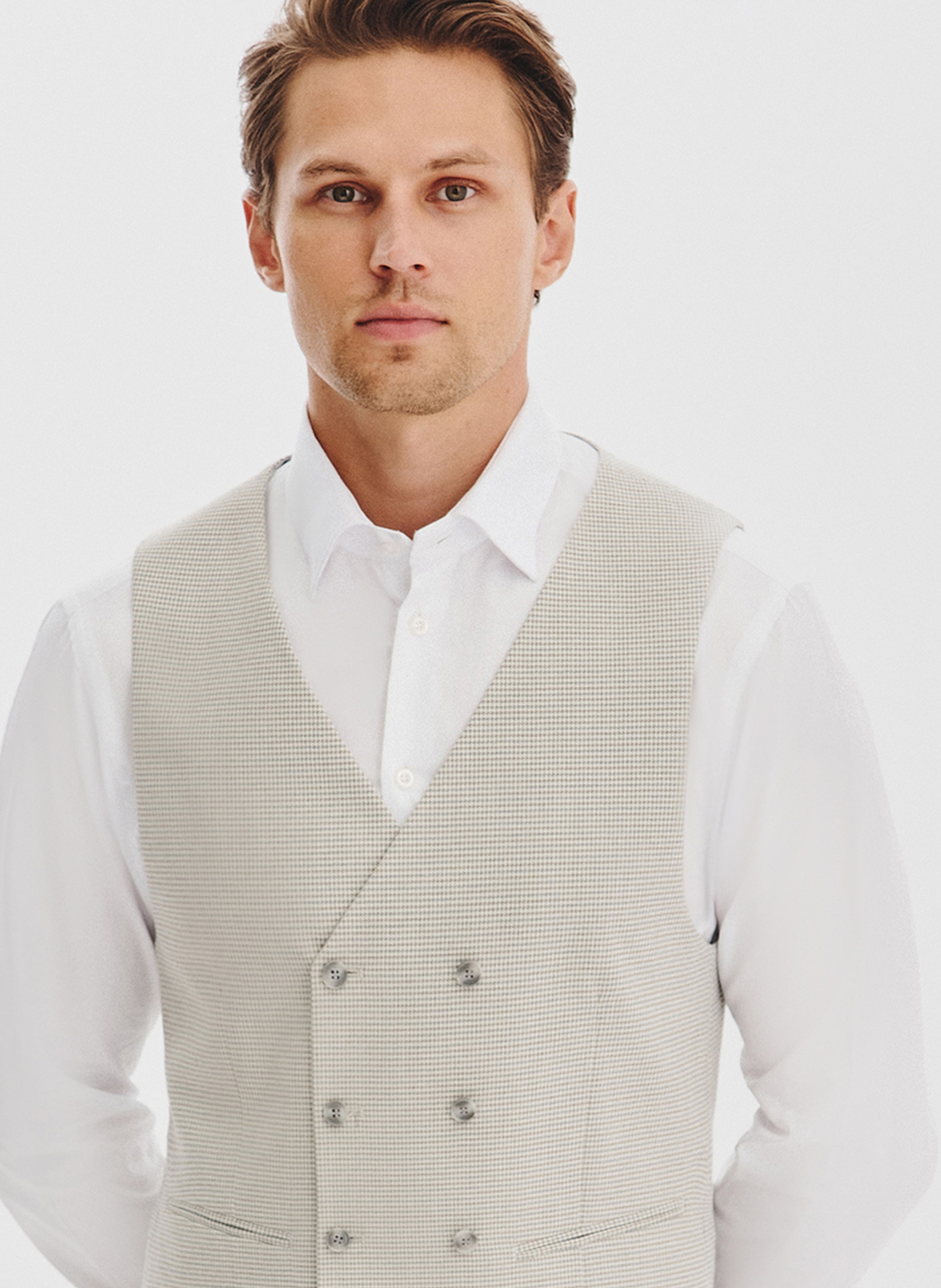 PAKO LORENTE - Beżowa dwurzędowa kamizelka w drobną kratę - Pako Lorente