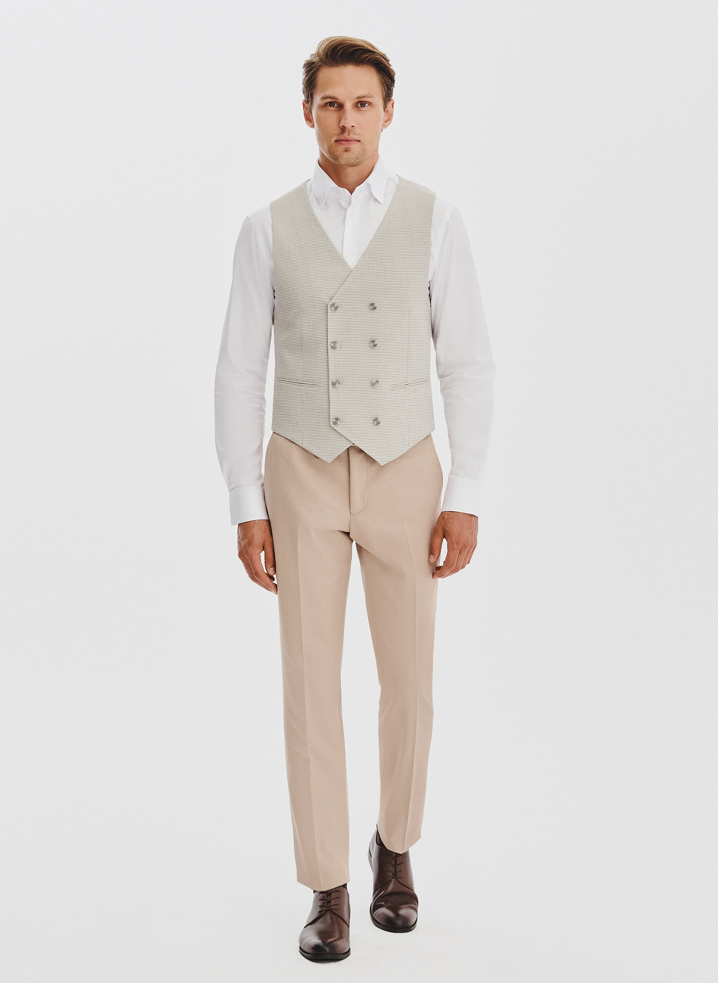 PAKO LORENTE - Beżowa dwurzędowa kamizelka w drobną kratę - Pako Lorente