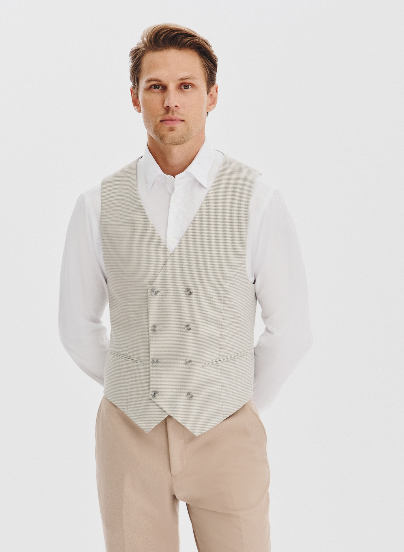 PAKO LORENTE - Beżowa dwurzędowa kamizelka w drobną kratę - Pako Lorente