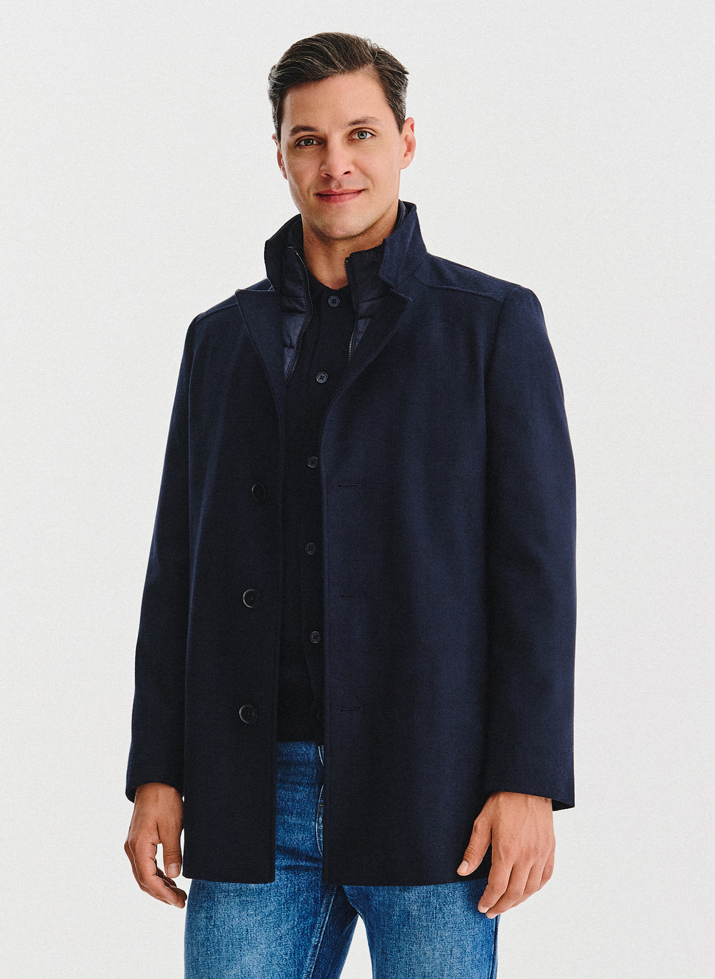 PAKO LORENTE - Granatowy wełniany płaszcz ze stójką - Pako Lorente