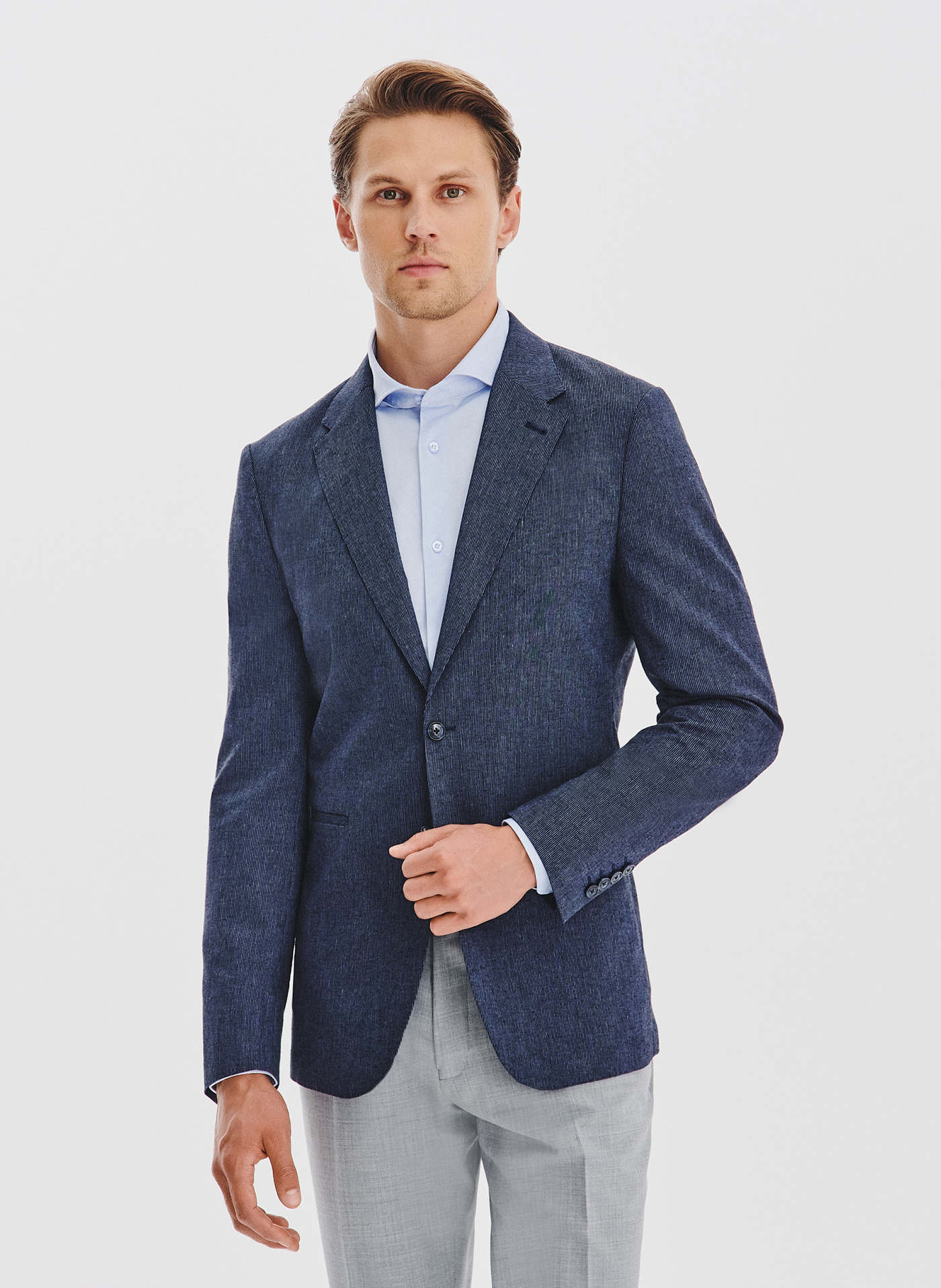 PAKO LORENTE - Granatowa marynarka w prążek z lnem - Pako Lorente