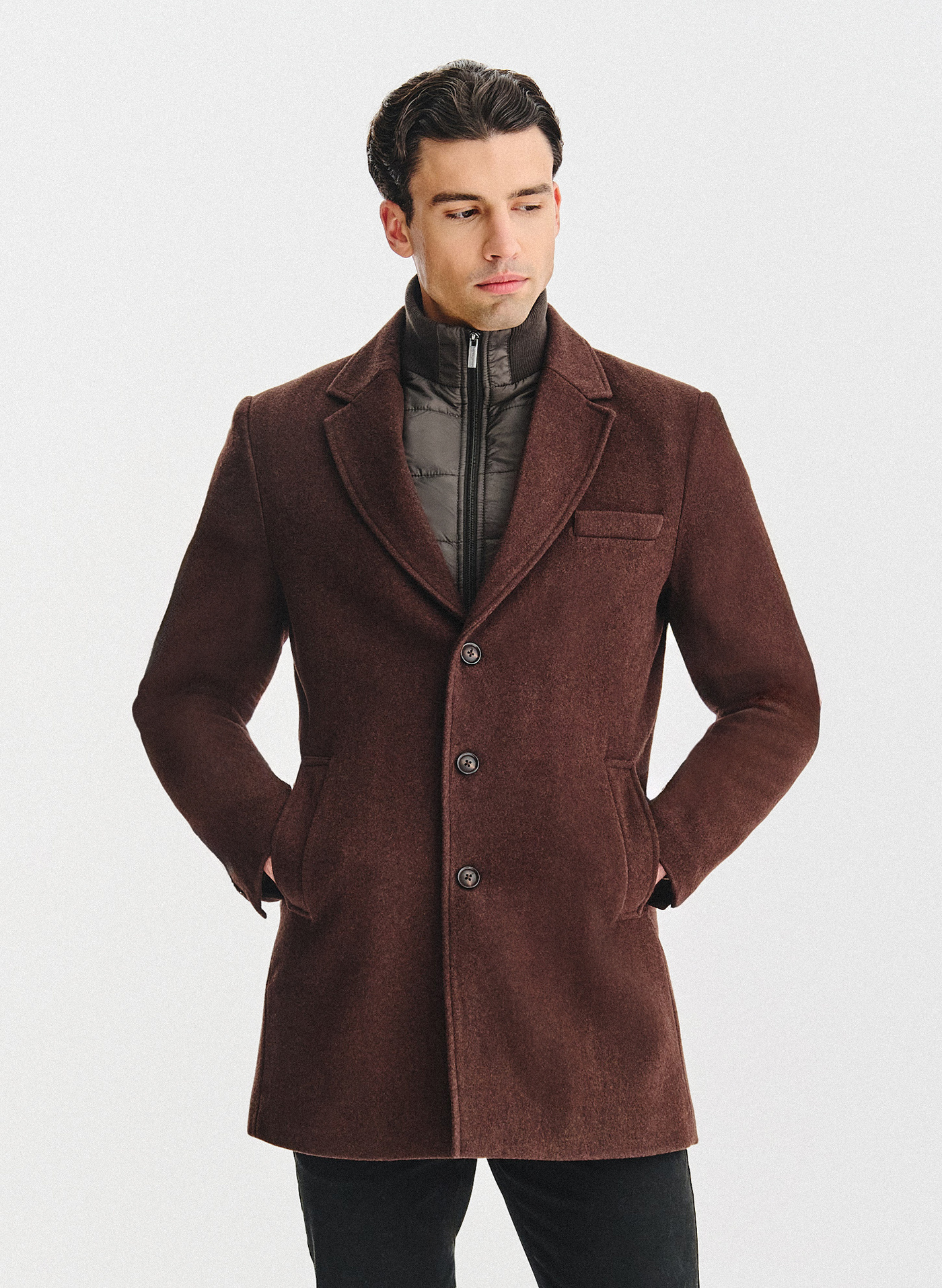 PAKO LORENTE - Brązowy płaszcz męski z odpinanym kołnierzem - Pako Lorente