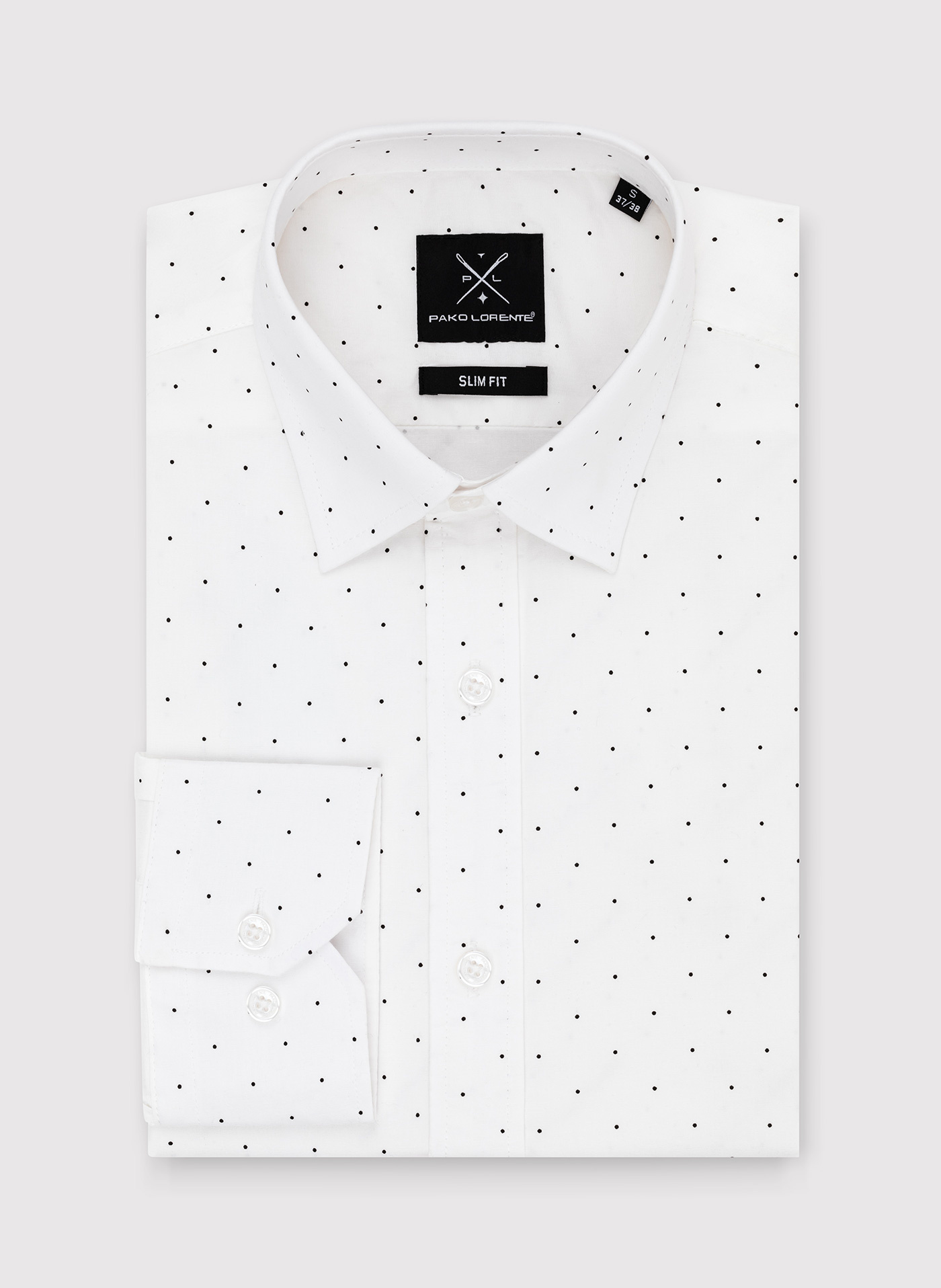 Biała koszula męska w czarne kropki P24SF-1X-001-B-S - Pako Lorente - Pako Lorente