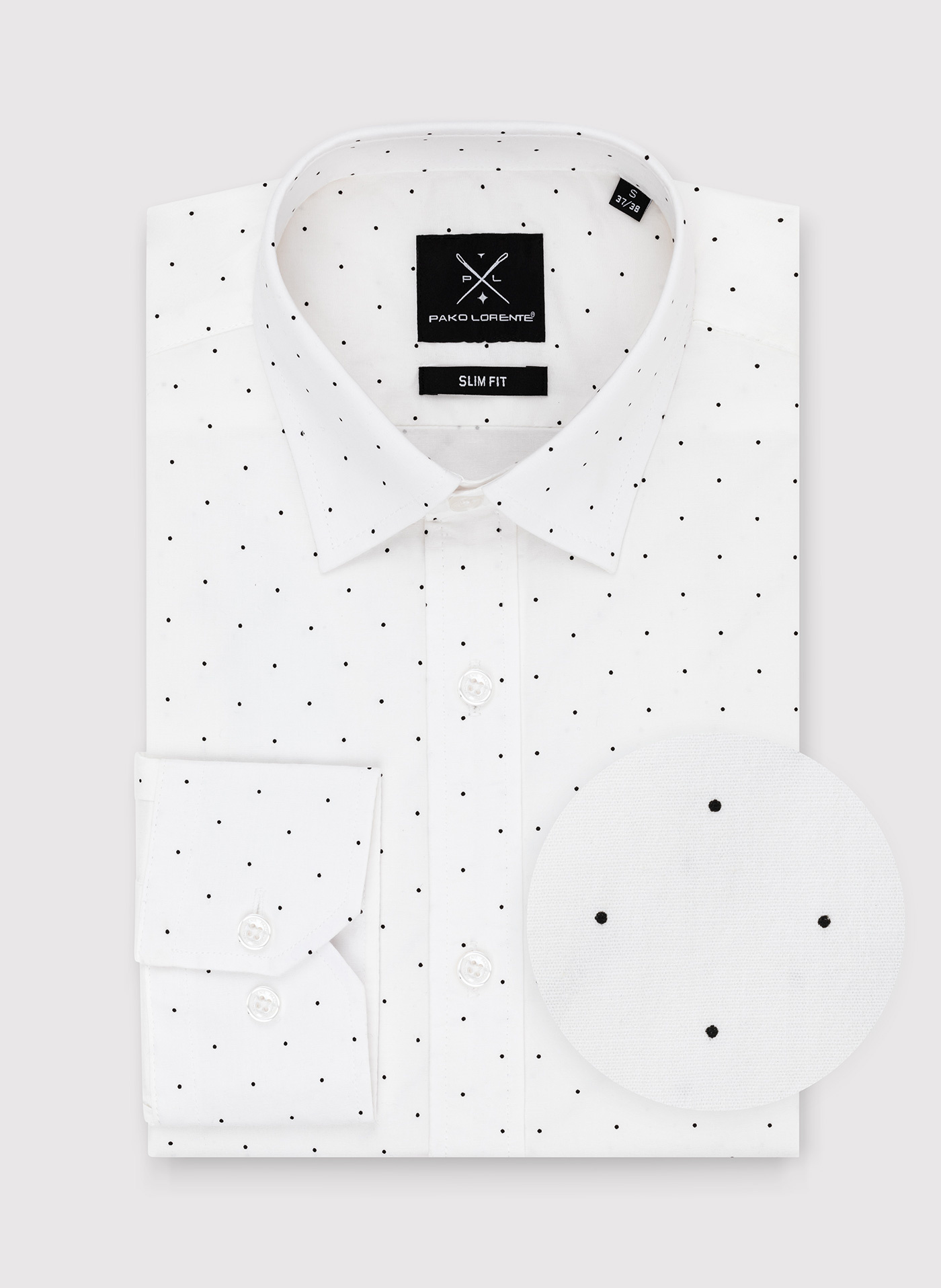 Biała koszula męska w czarne kropki P24SF-1X-001-B-S - Pako Lorente - Pako Lorente