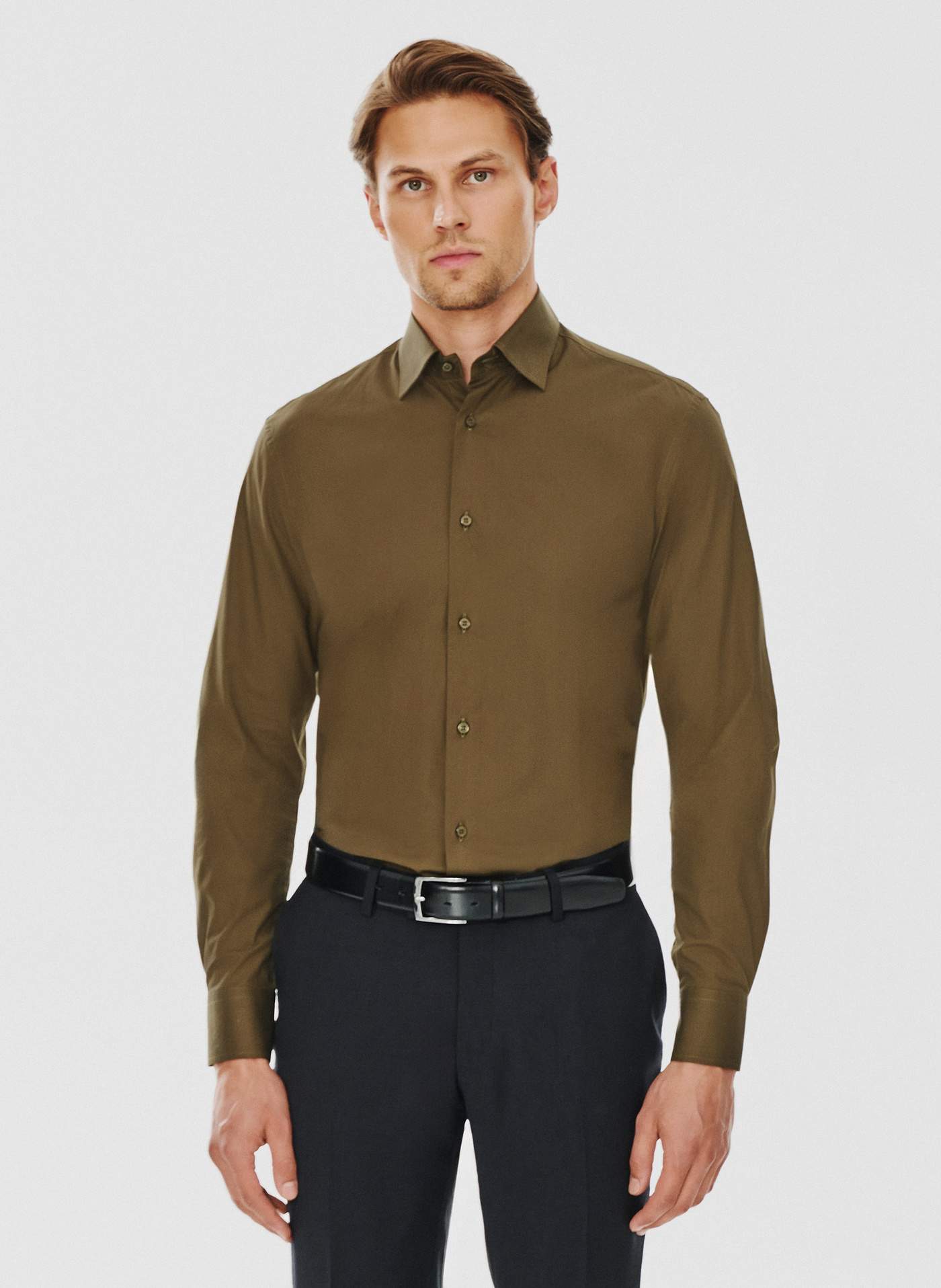 Oliwkowa koszula męska długi rękaw - Pako Lorente