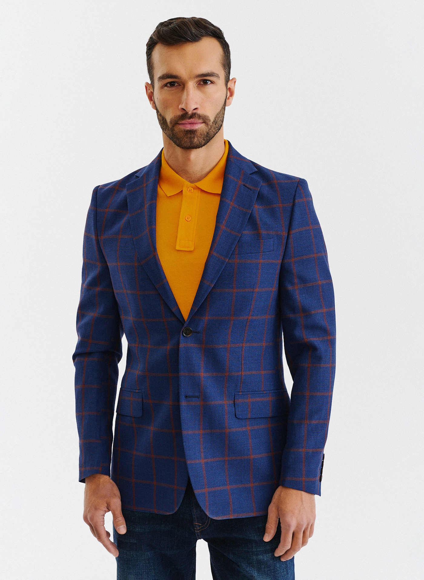 Granatowa casualowa marynarka męska w rudą kratę - Pako Lorente