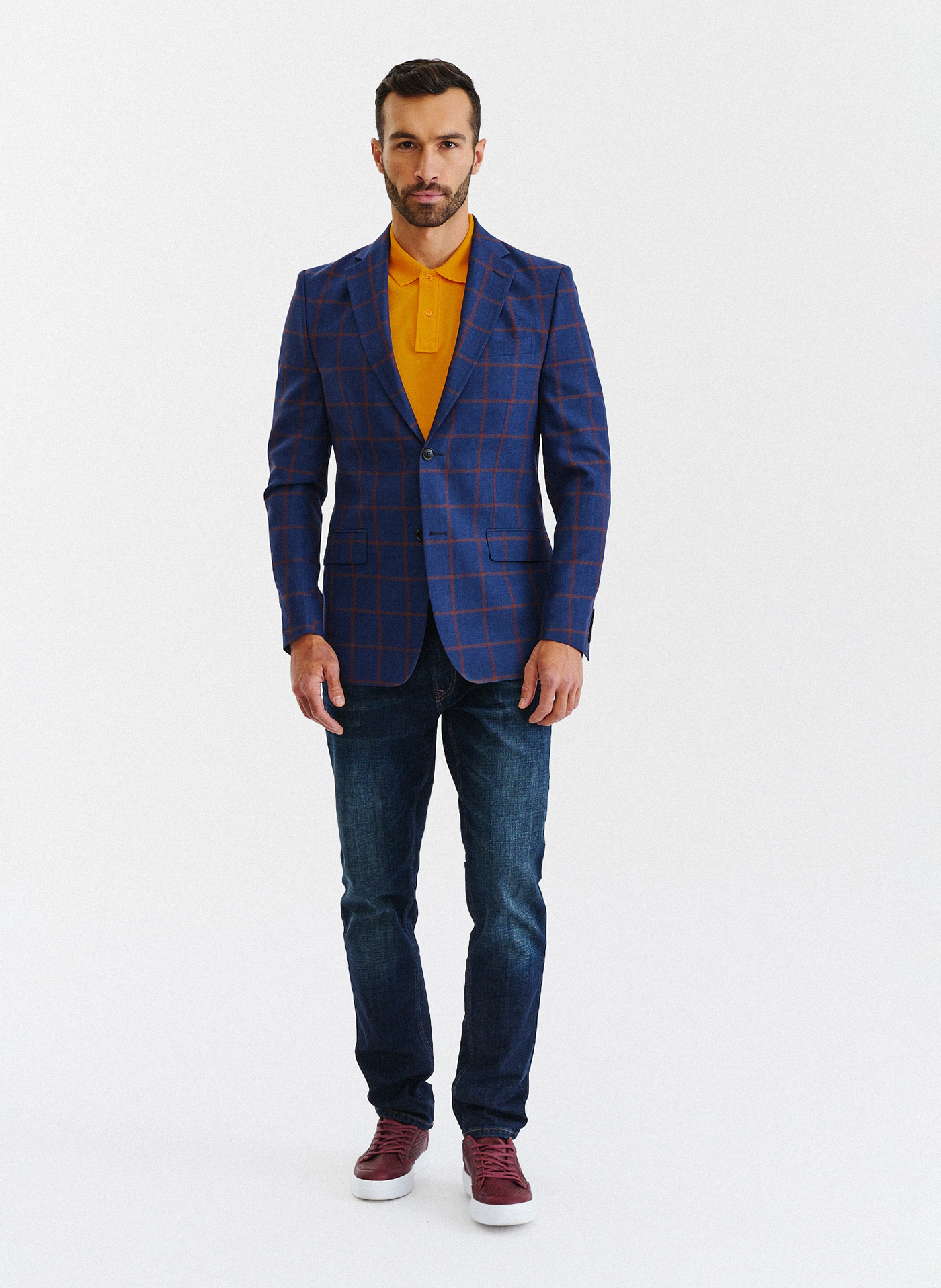 Granatowa casualowa marynarka męska w rudą kratę - Pako Lorente