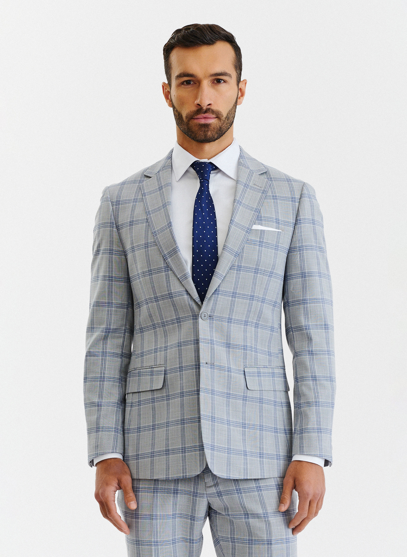 Szara marynarka garniturowa w niebiesko-białą kratę - Pako Lorente