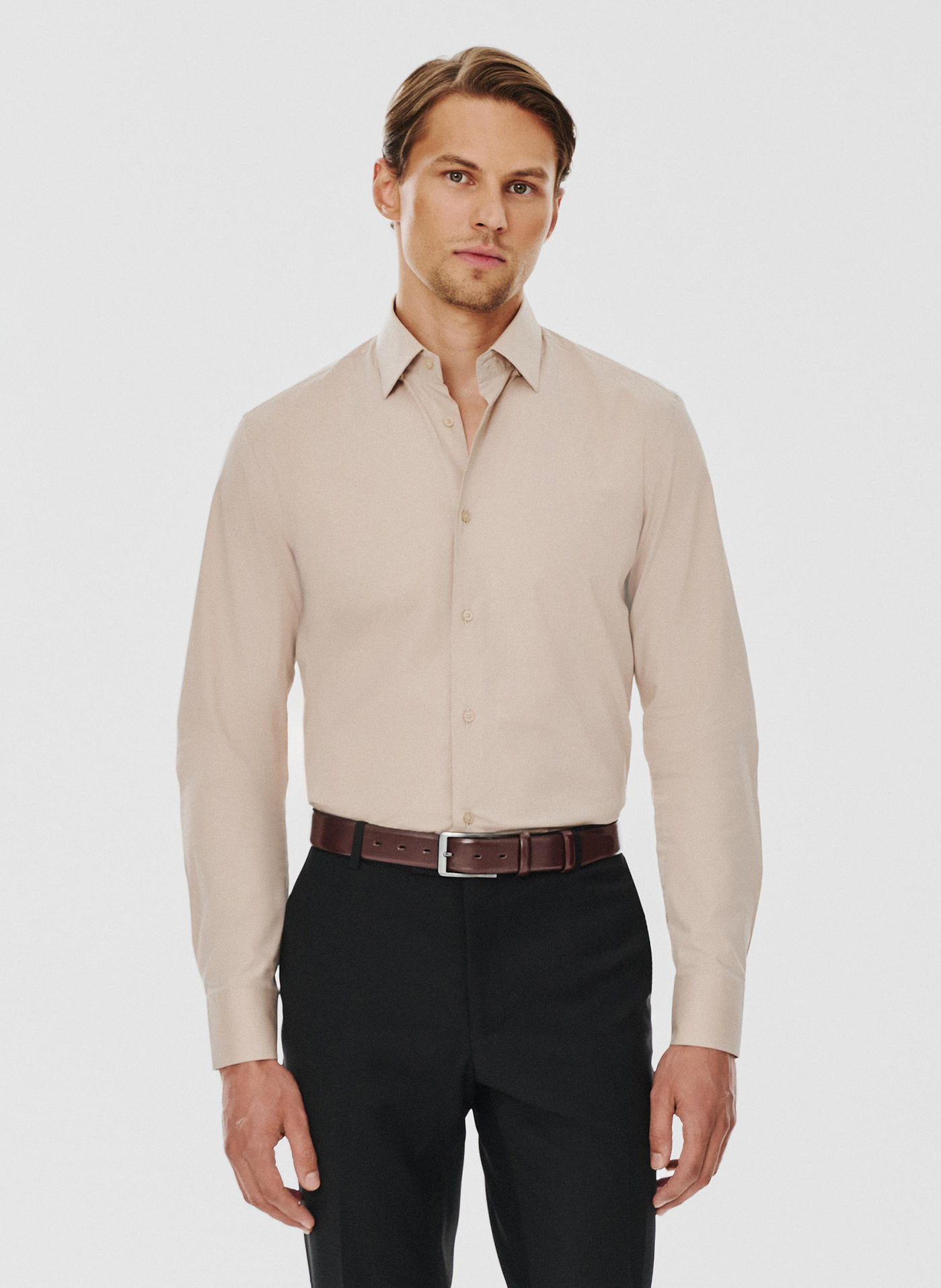 Beżowa koszula męska długi rękaw - Pako Lorente