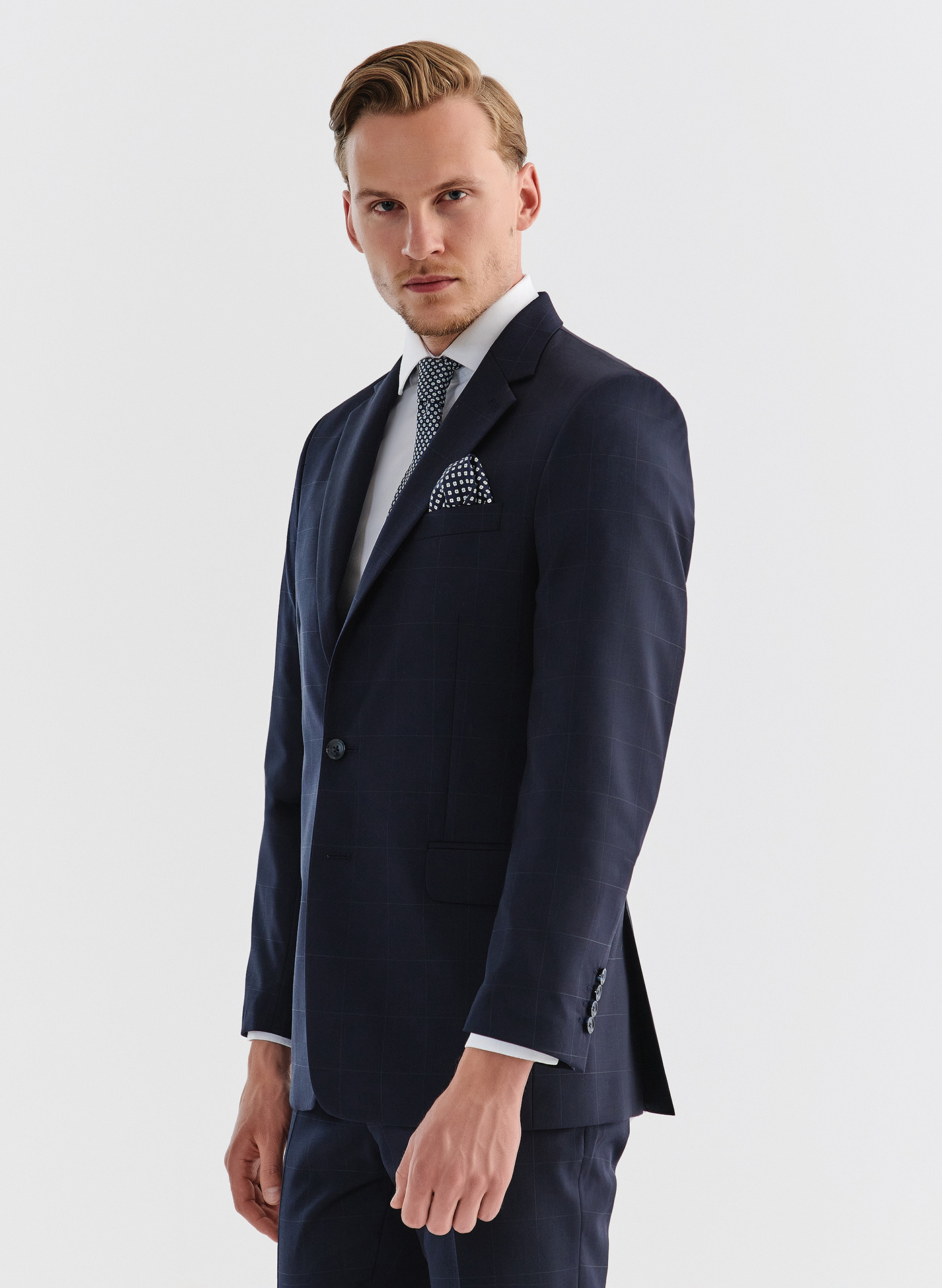 Granatowa wełniana marynarka garniturowa w kratę - Pako Lorente