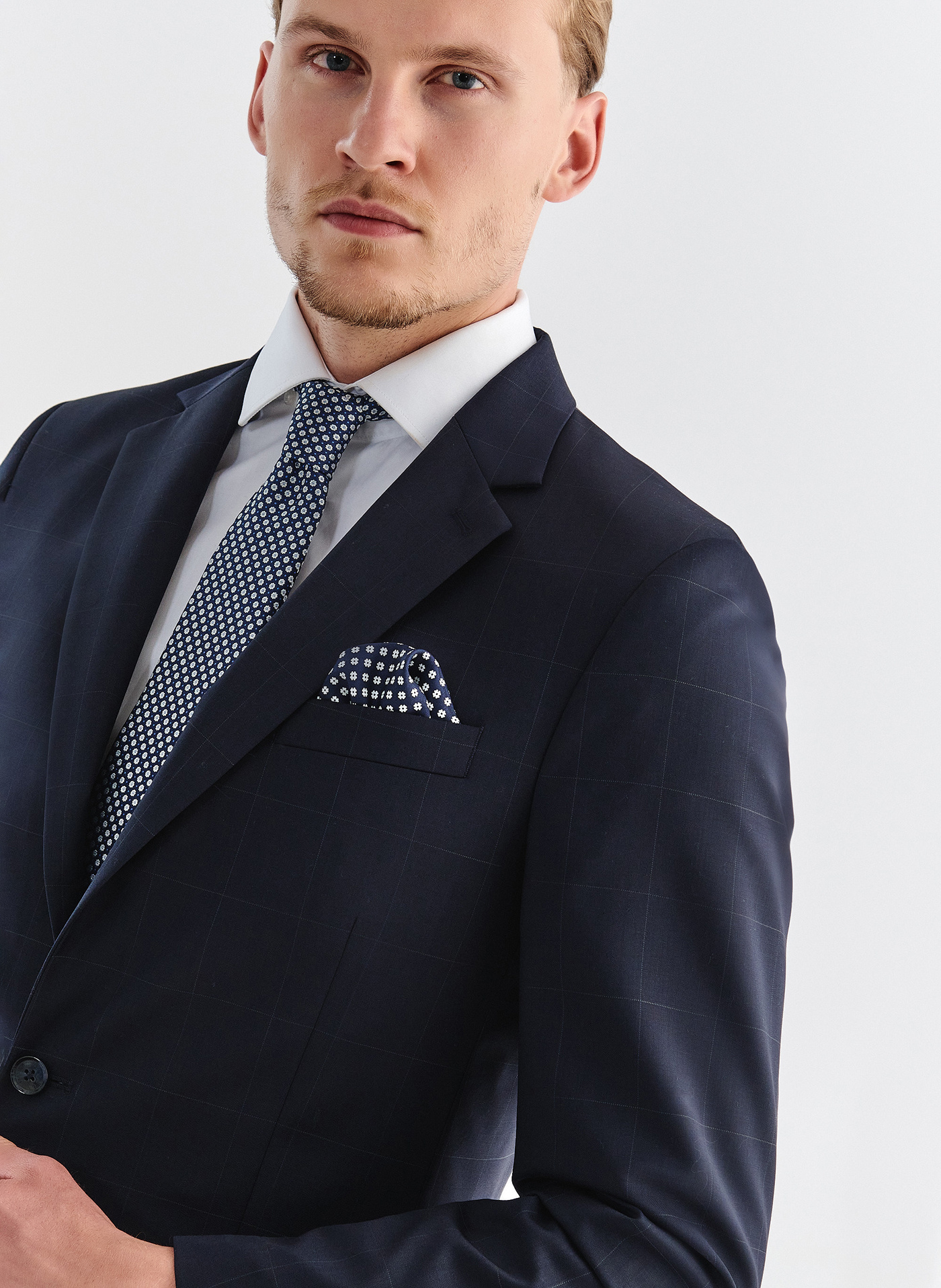 Granatowa wełniana marynarka garniturowa w kratę - Pako Lorente