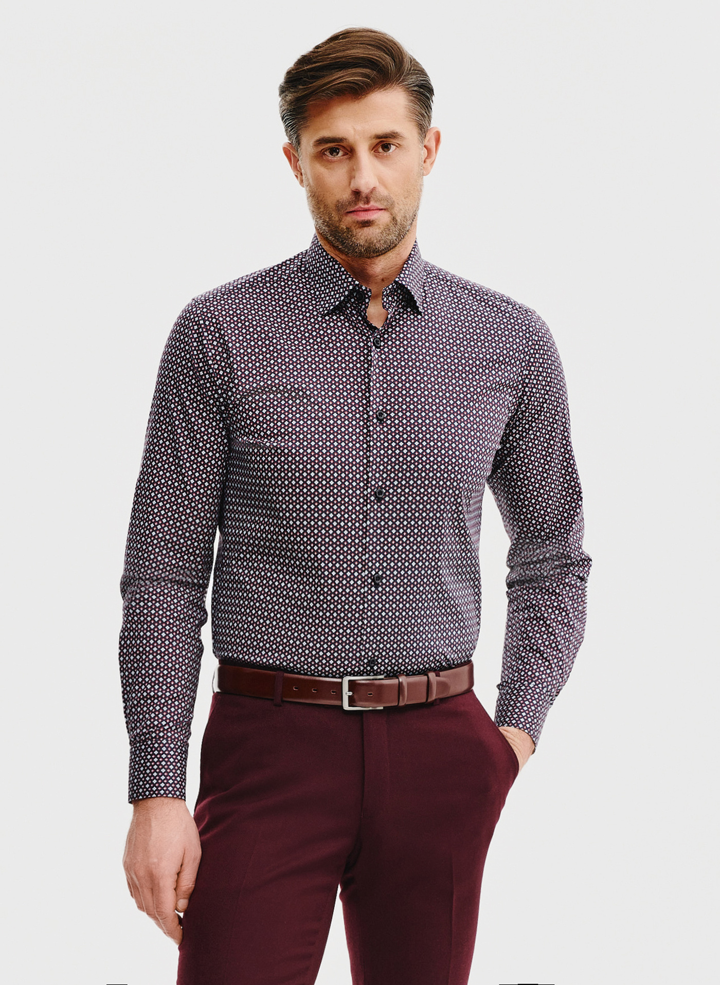 Męska koszula w bordowy mikrowzór - Pako Lorente