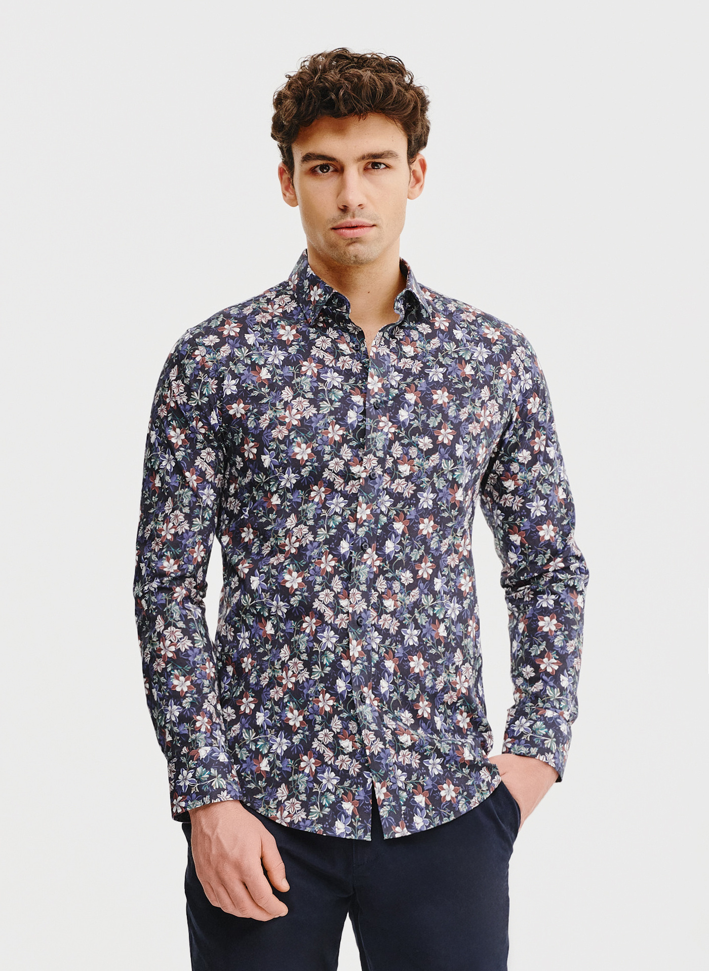 Granatowa koszula męska w kwiaty - Pako Lorente