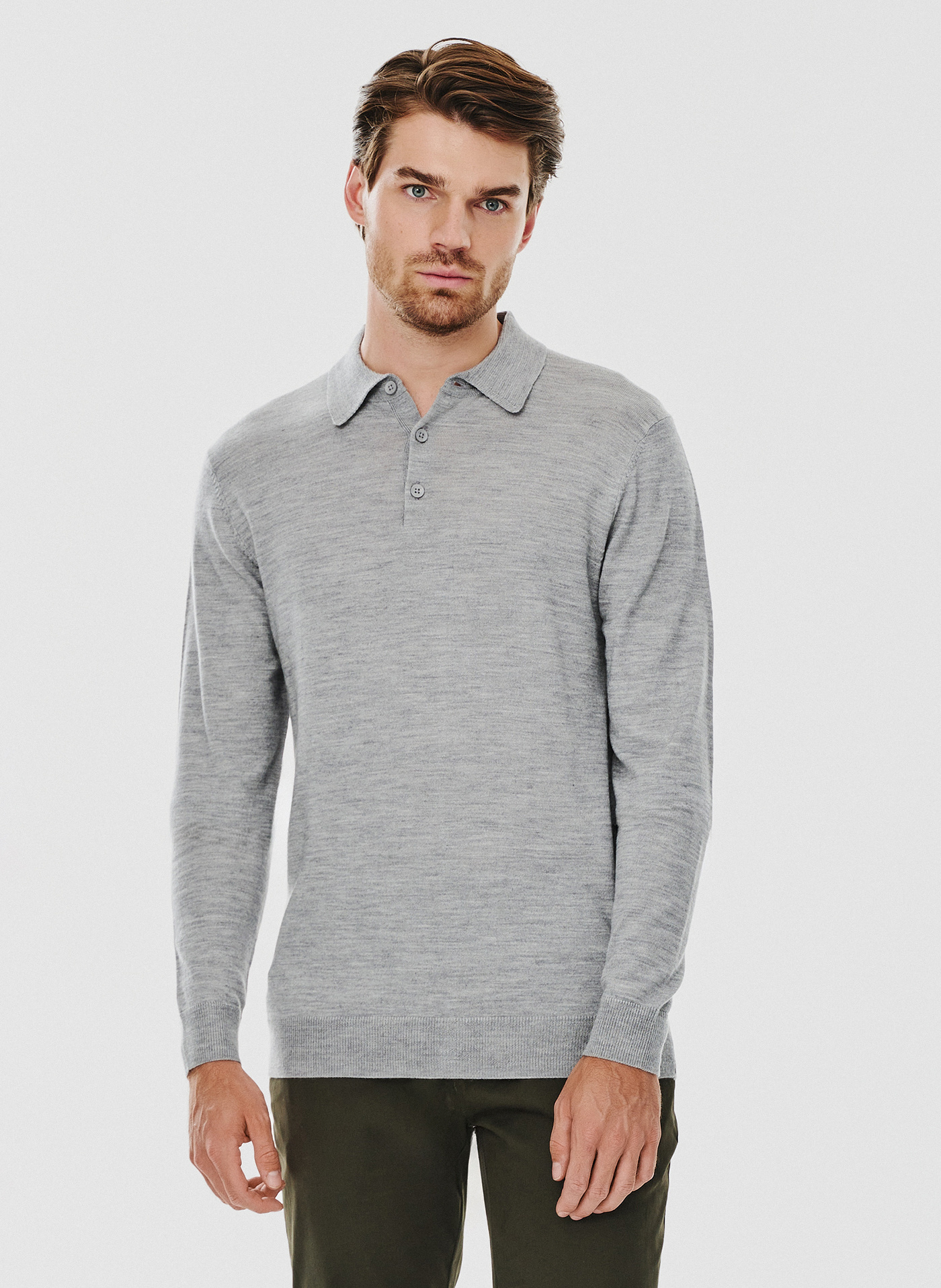 Męski szary sweter z kołnierzykiem polo - Pako Lorente