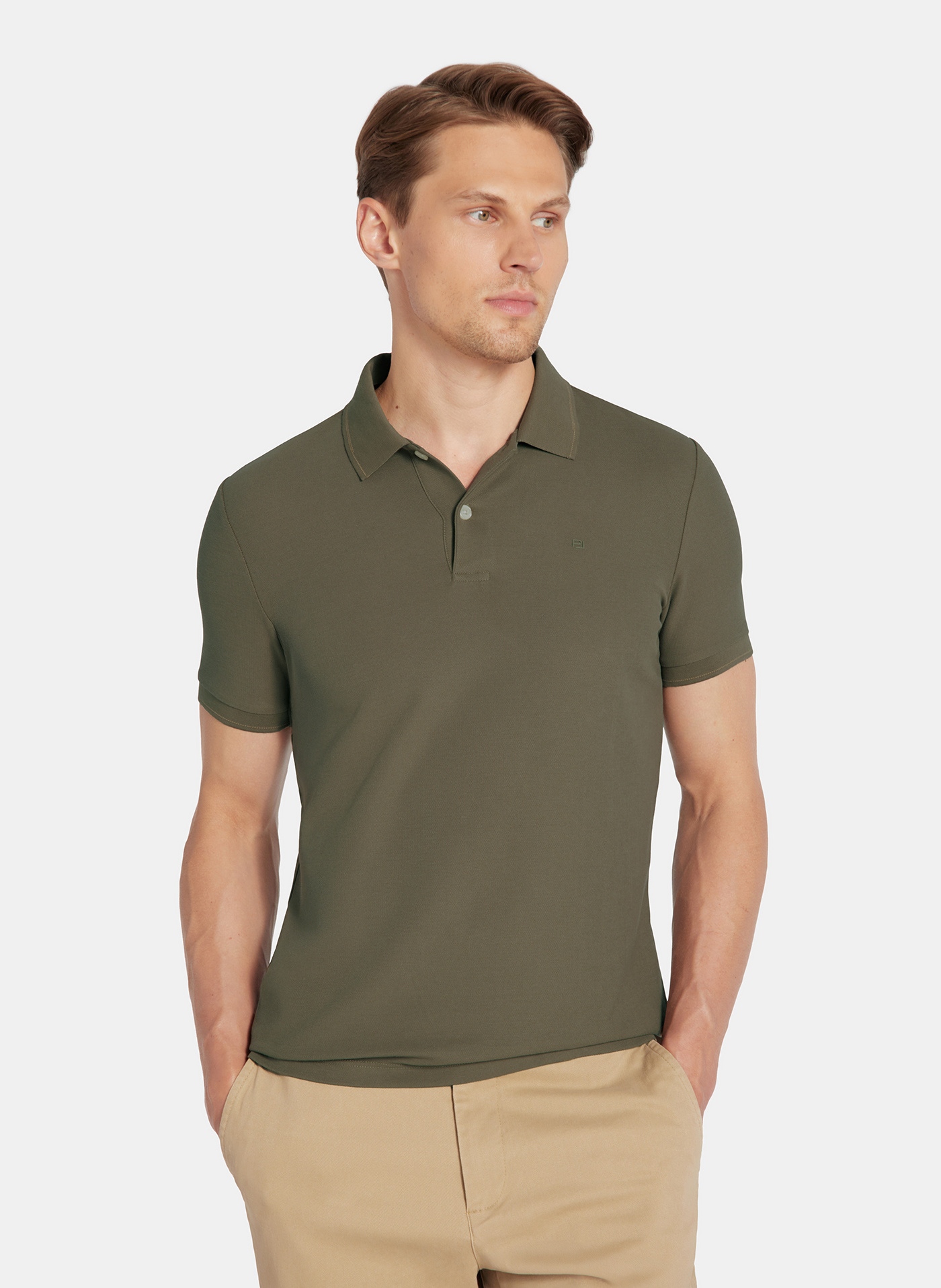 PAKO LORENTE - Oliwkowy t-shirt polo na guziczki - Pako Lorente