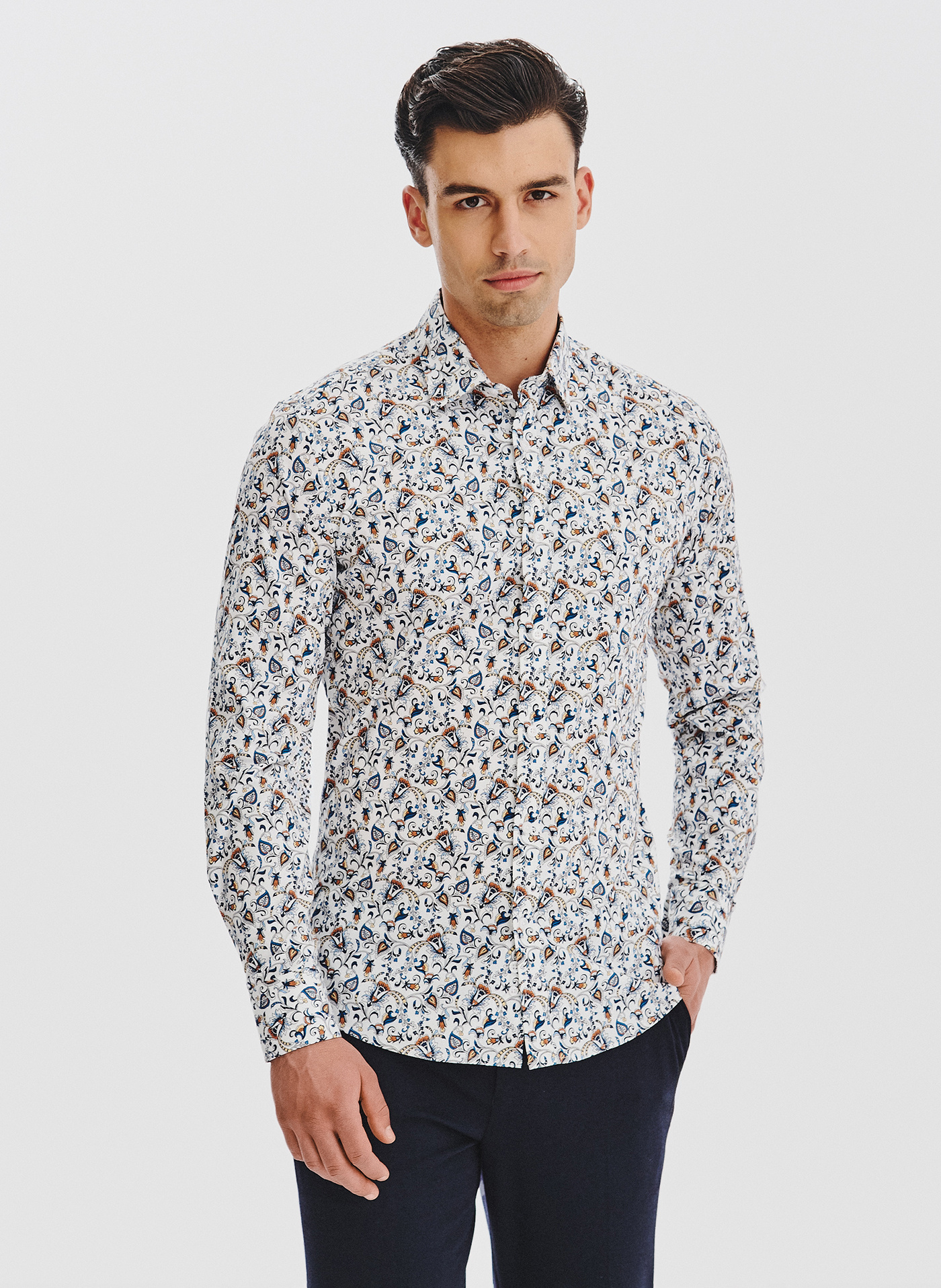 PAK LORENTE - Biała koszula męska kolorowe kwiaty - Pako Lorente