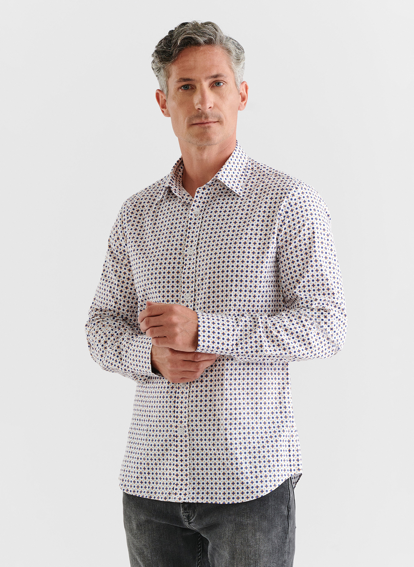 Biała koszula w niebiesko-żółty wzór P23WF-1X-018-B-S - Pako Lorente