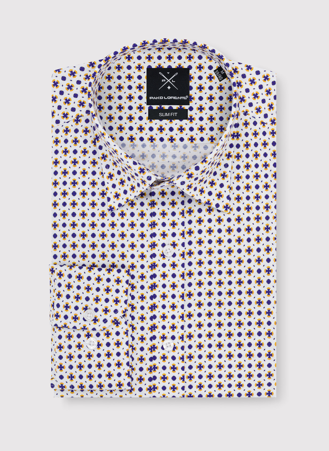 Biała koszula w niebiesko-żółty wzór P23WF-1X-018-B-S - Pako Lorente
