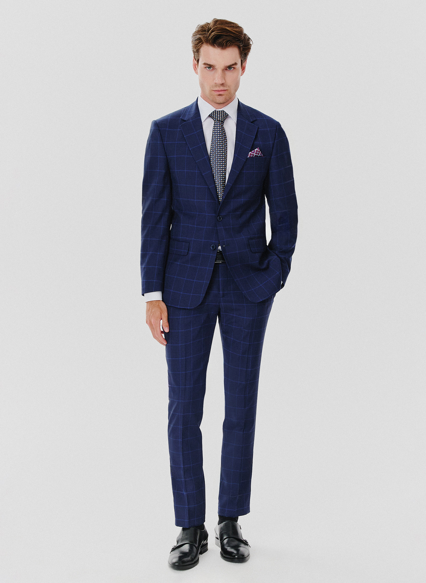 Granatowa marynarka garniturowa w niebieską kratkę - Pako Lorente