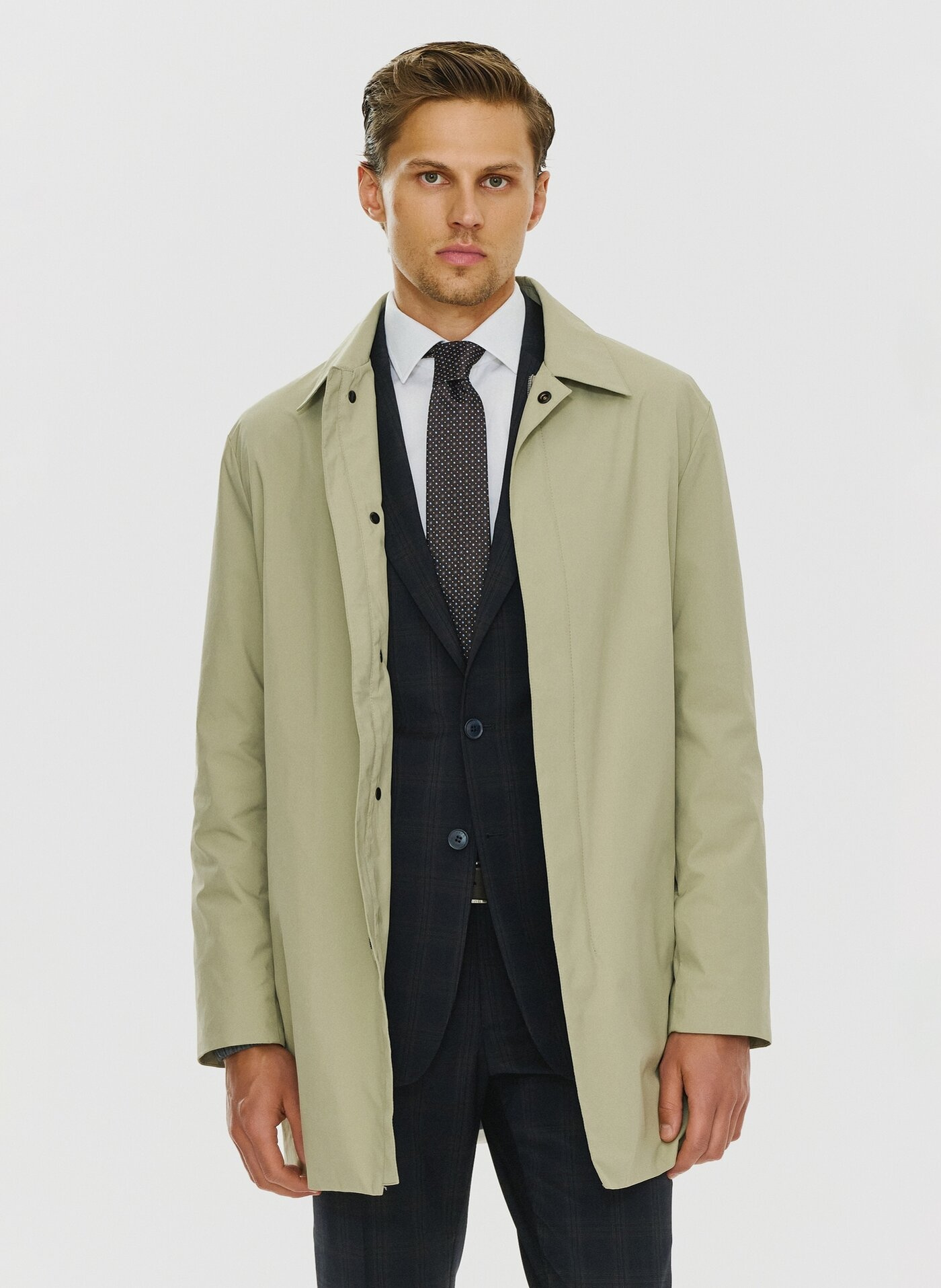 Beżowy klasyczny płaszcz męski P24SF-7X-002-E-0 - Pako Lorente - Pako Lorente