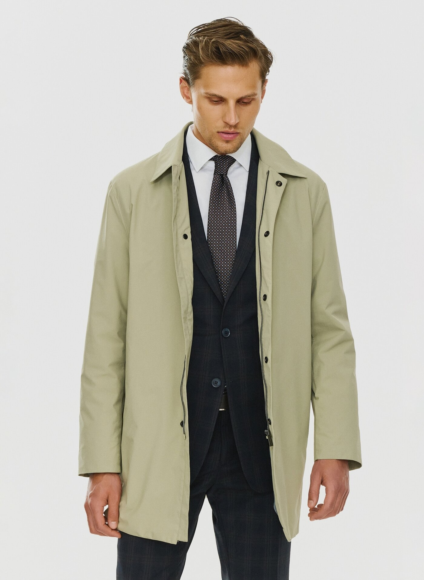 Beżowy klasyczny płaszcz męski P24SF-7X-002-E-0 - Pako Lorente - Pako Lorente